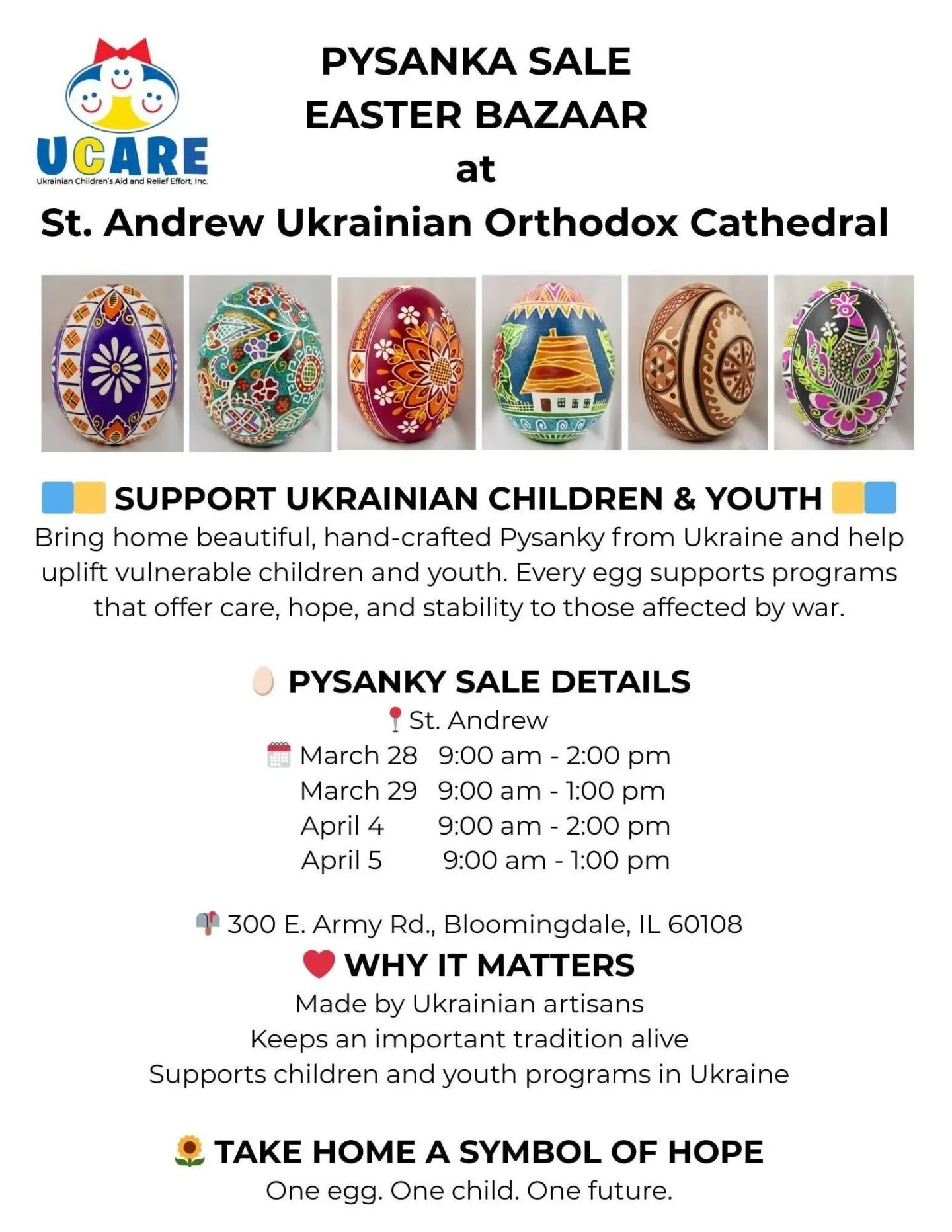 Chicagoland! We look forward to seeing you! Ukrainian food items such as Easter bread, varenyky (pierogi), holubtsi (cabbage rolls), smoked sausage, baked goods and more will be available. 

Pysanky (Ukrainian Easter eggs) sales will support vulnerab