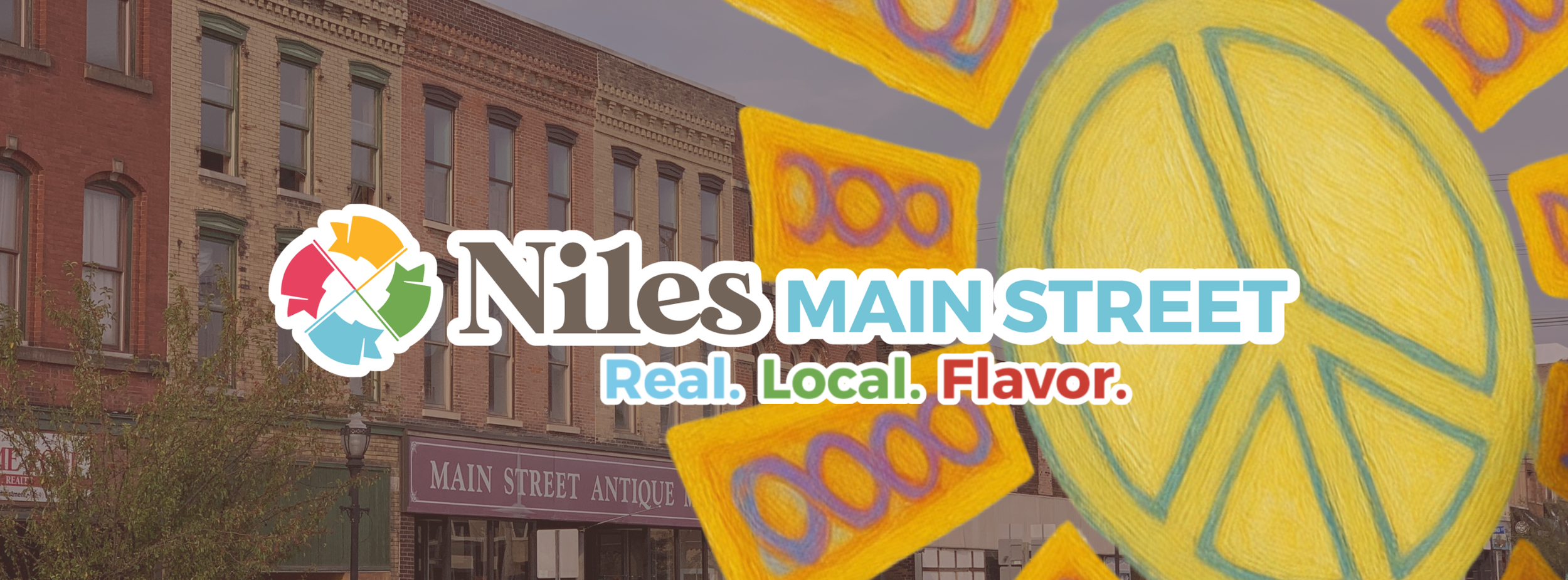 Colorful logo for Niles Main Street with the slogan "Real. Local. Flavor." superimposed over an art mural of a peace sign and abstract designs on a city street background.