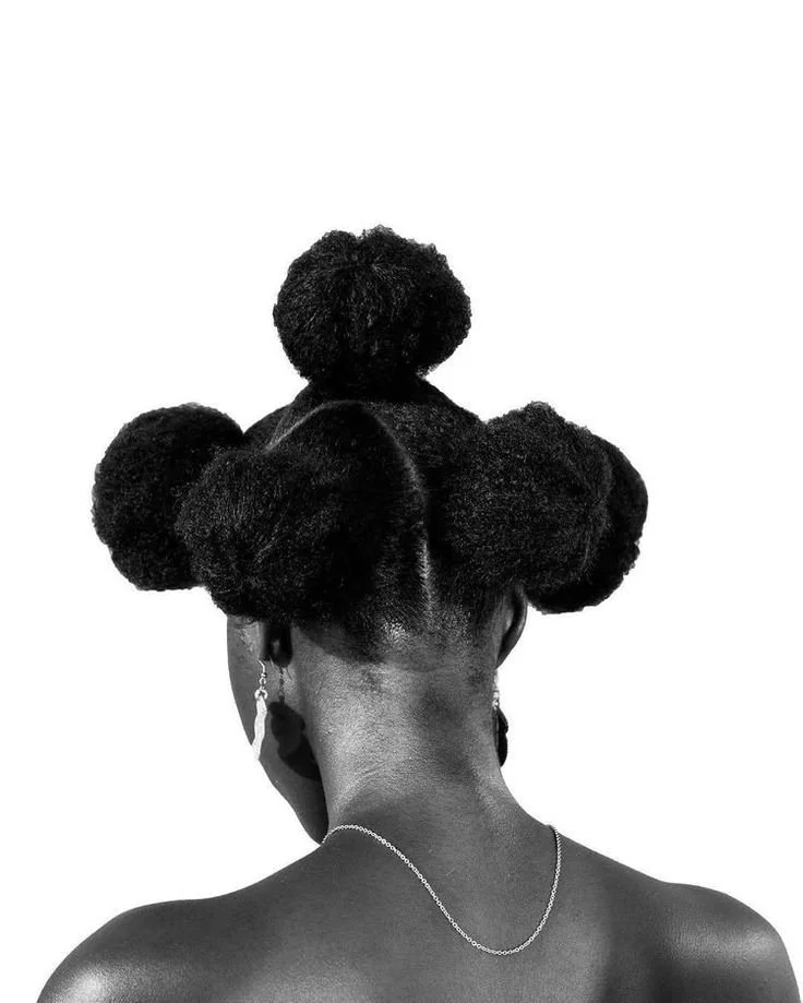 A black woman with a natural hairstyle featuring four large afro puffs, seen from the back.