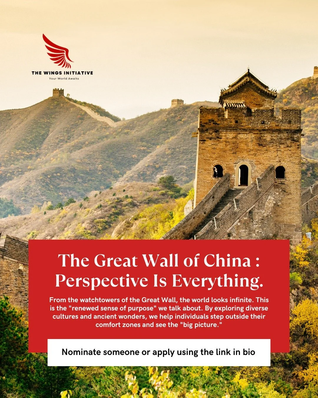 The Great Wall is a testament to what is possible when we refuse to give up.

As people navigate the steep paths of this ancient wonder, they are building the resilience to face life's challenges. When they return home, they also bring back a new ene