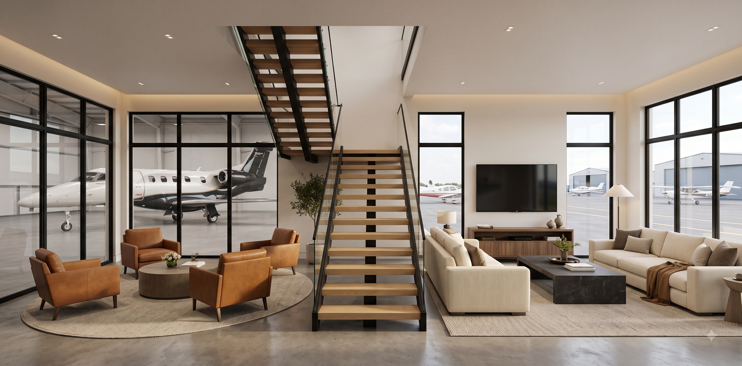 Modern airplane hangar with private jets visible through large glass windows, interior includes seating area with leather and fabric sofas, coffee tables, and a staircase leading to an upper level.