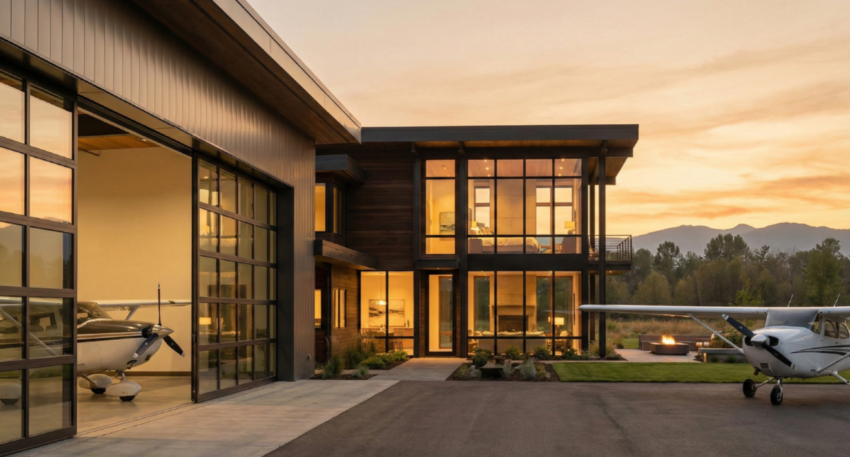 Modern house with large glass windows, two small planes parked outside, and a sunset sky.