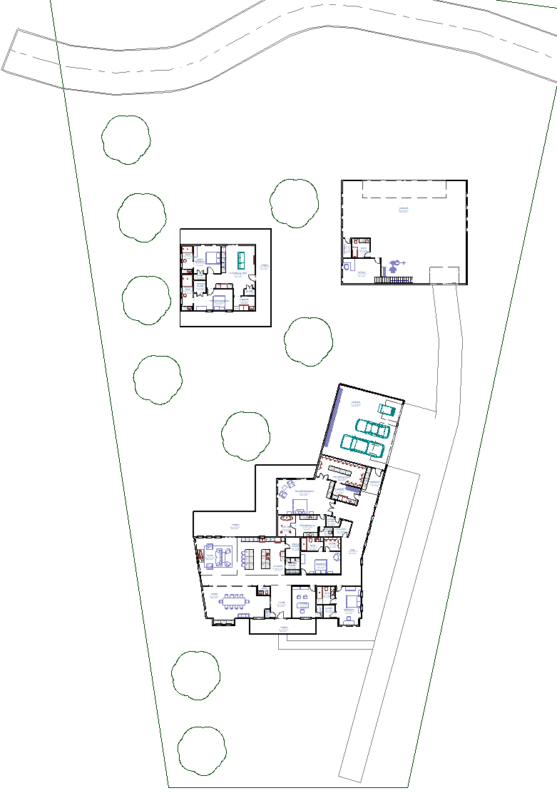 A detailed site plan of a residential property showing multiple buildings, including a main house, several smaller structures, a garage, and outdoor landscaping with trees and pathways.