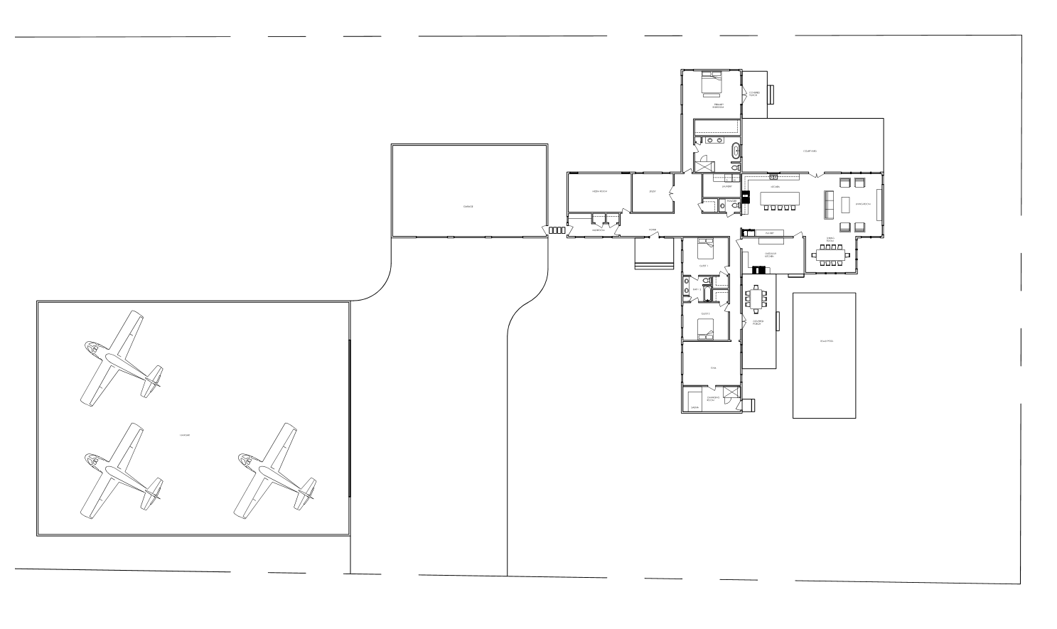 Architectural floor plan of a large house with attached garage, outdoor courtyard, and airplane hangar with three airplanes parked inside.