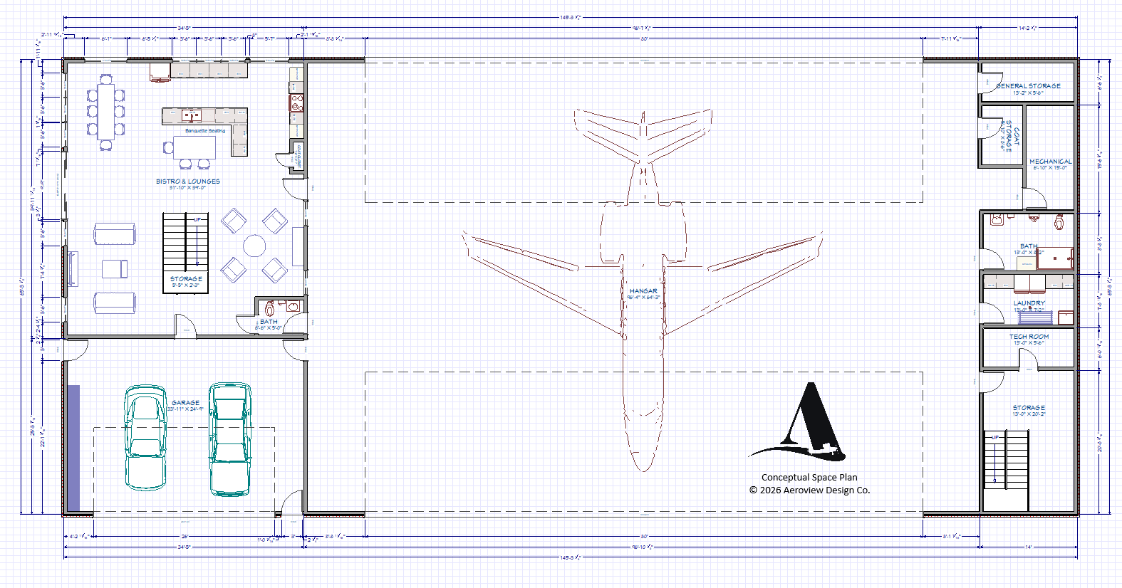 Architectural blueprint of a house with a central airplane hangar. The house features a garage, bistro and lounges area, storage, two bathrooms, laundry, tech room, mechanical and storage rooms, and a general storage room. The airplane hangar is large and positioned in the center of the layout. The floor plan shows detailed measurements and room labels.