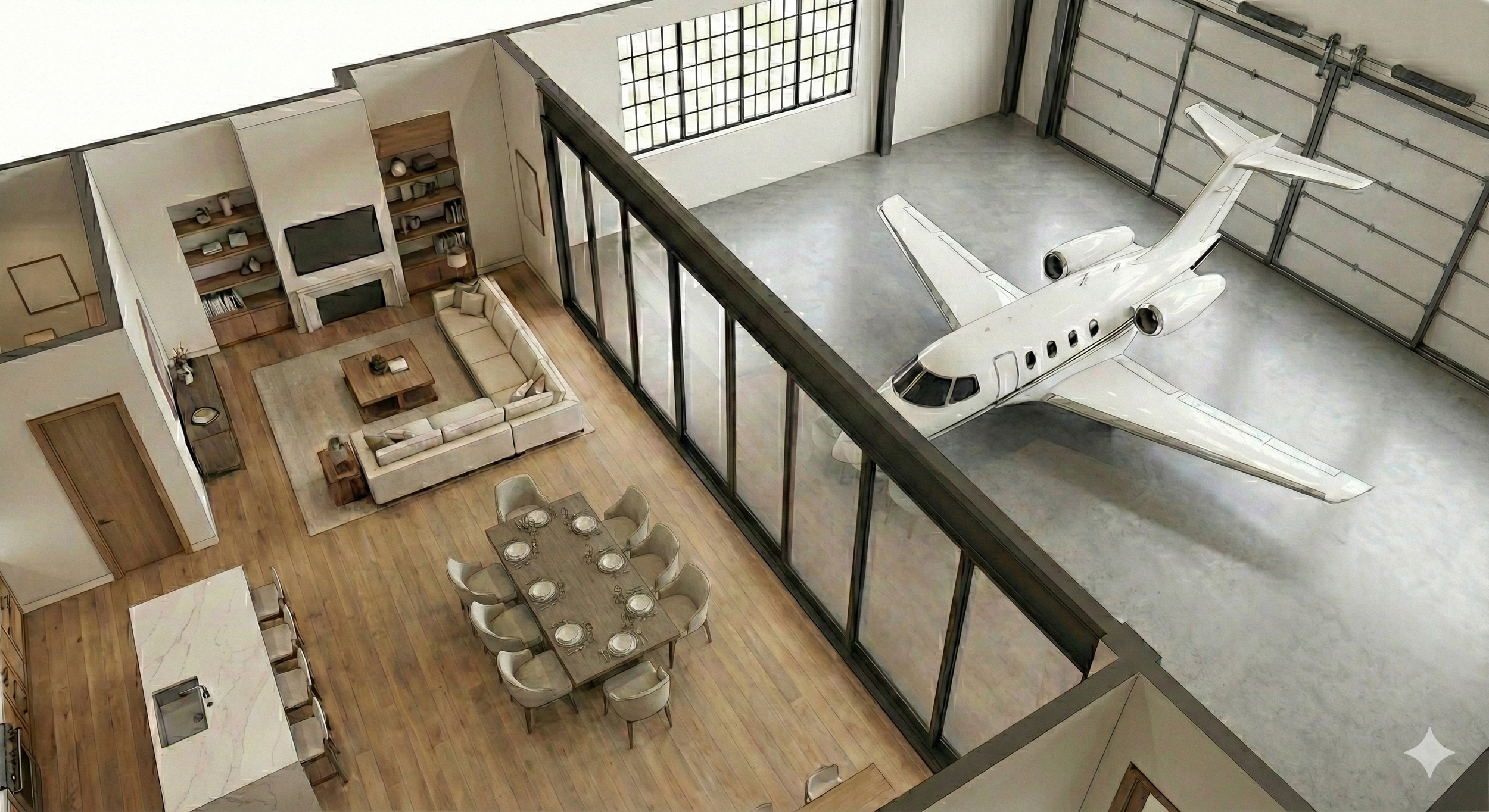 Open-concept living space with a large beige sectional sofa, a wall-mounted TV, and wooden bookshelves in a home, adjacent to a private airplane hangar with a small jet inside.