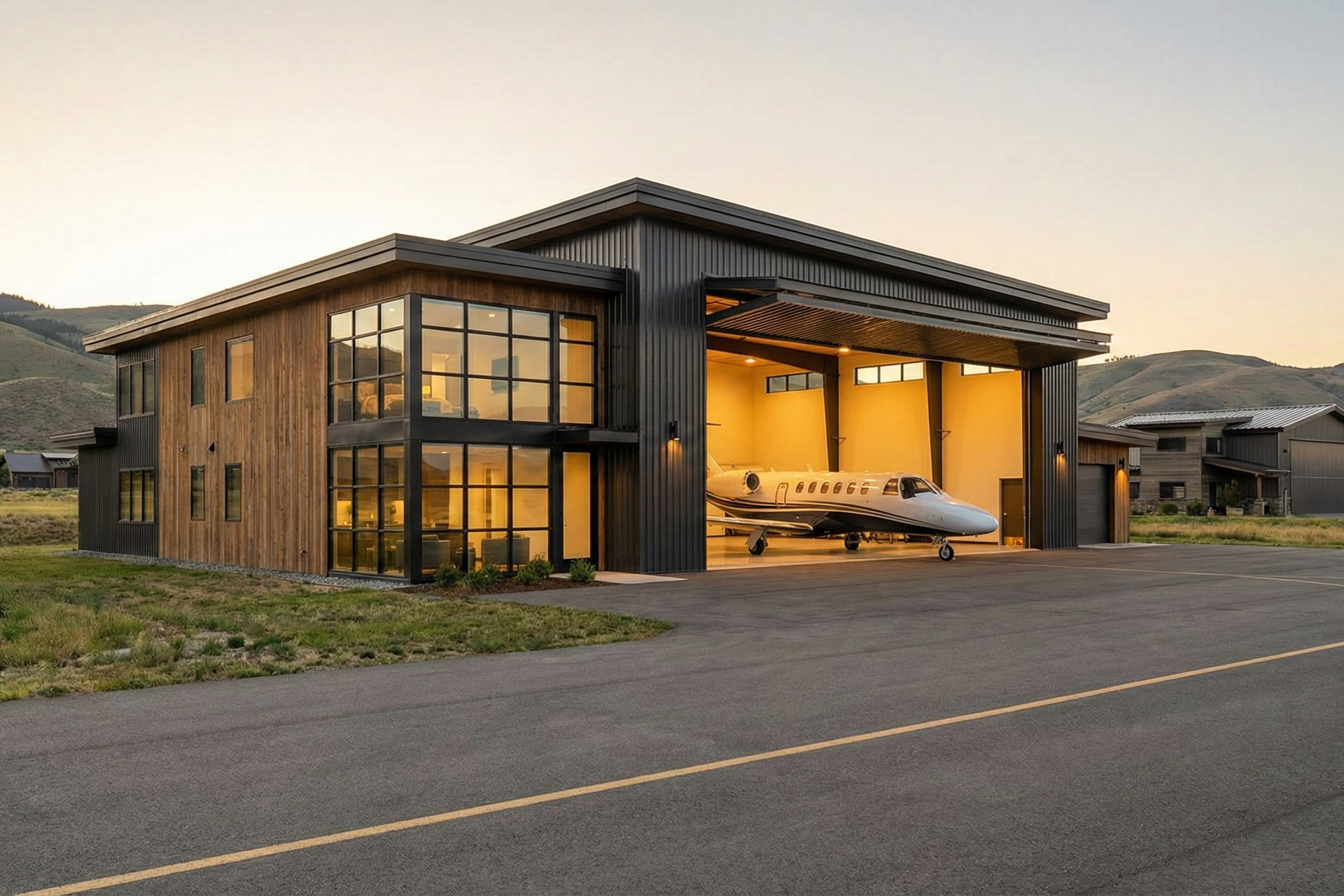 Modern house with large glass windows and a private airplane in a spacious hangar at sunset.