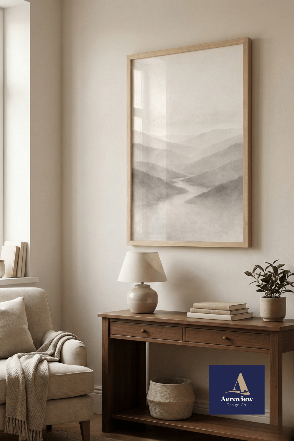 A living room corner with a beige sofa, a wooden console table with a cream lamp, books, a potted plant, and a large framed misty mountain landscape painting on the wall.