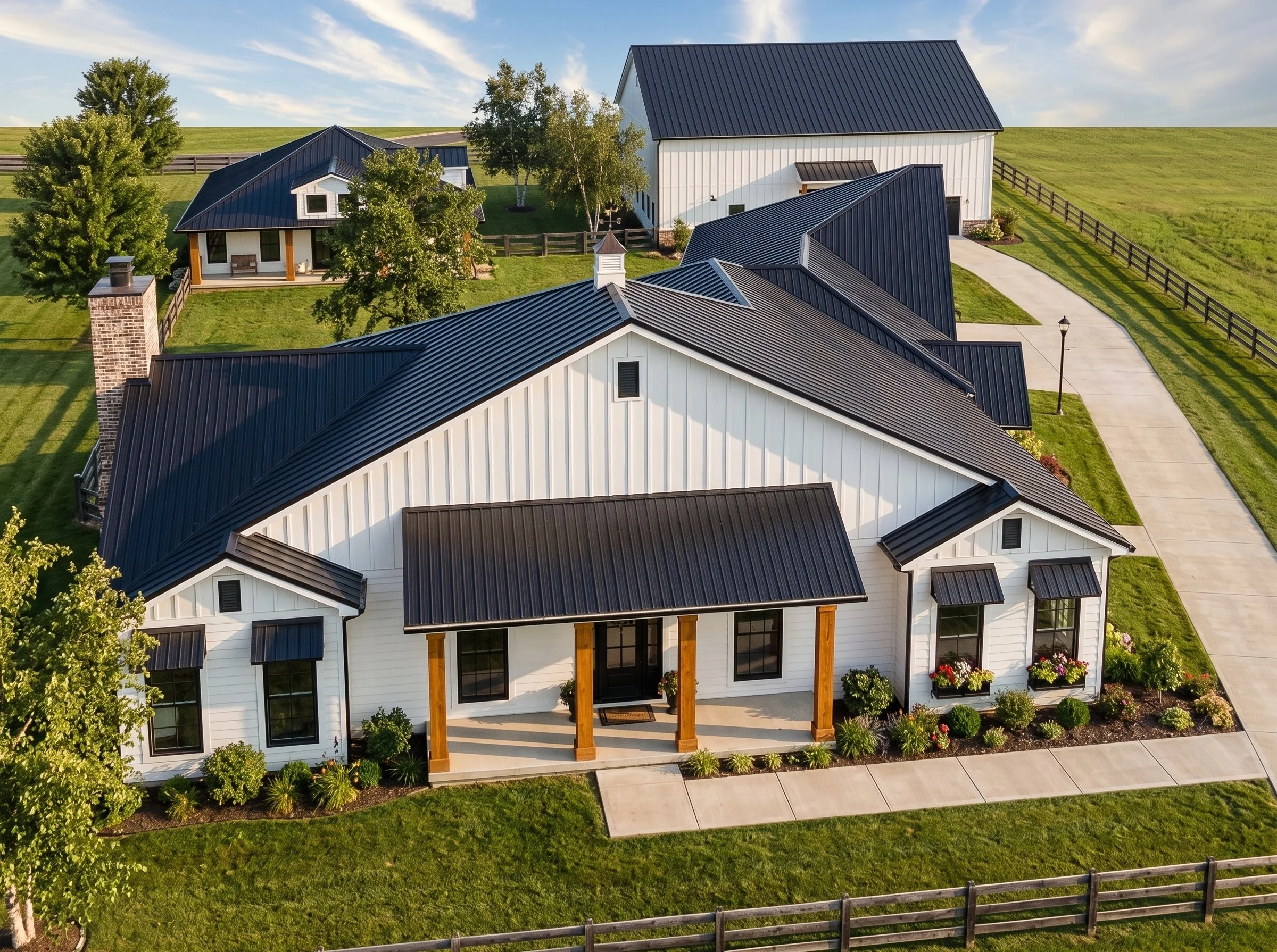 Aerial view of a modern farmhouse with black metal roofs, white siding, a front porch with wooden posts, surrounding green lawn, trees, walking path, and fencing under a partly cloudy sky.