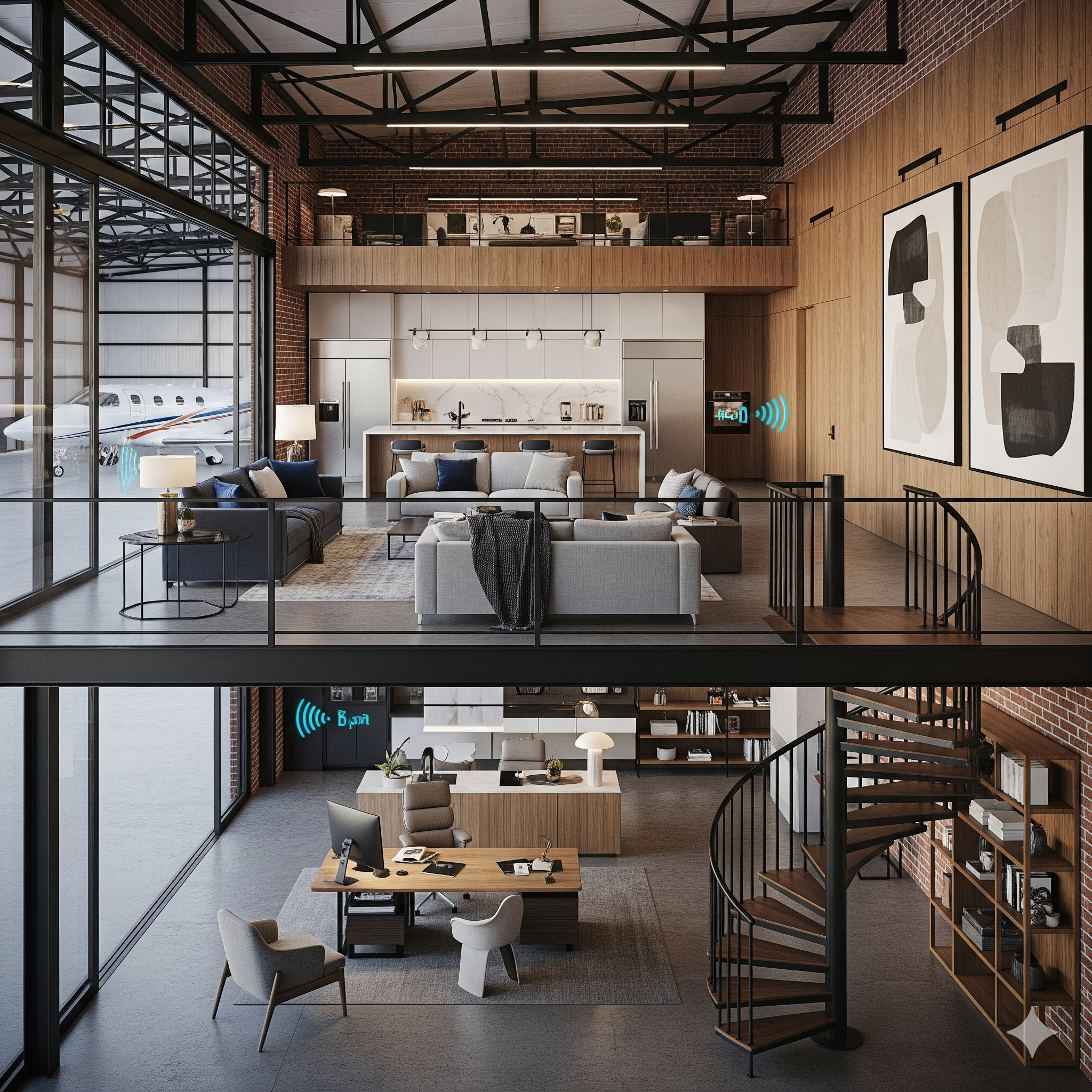 modern hangar home with executive office