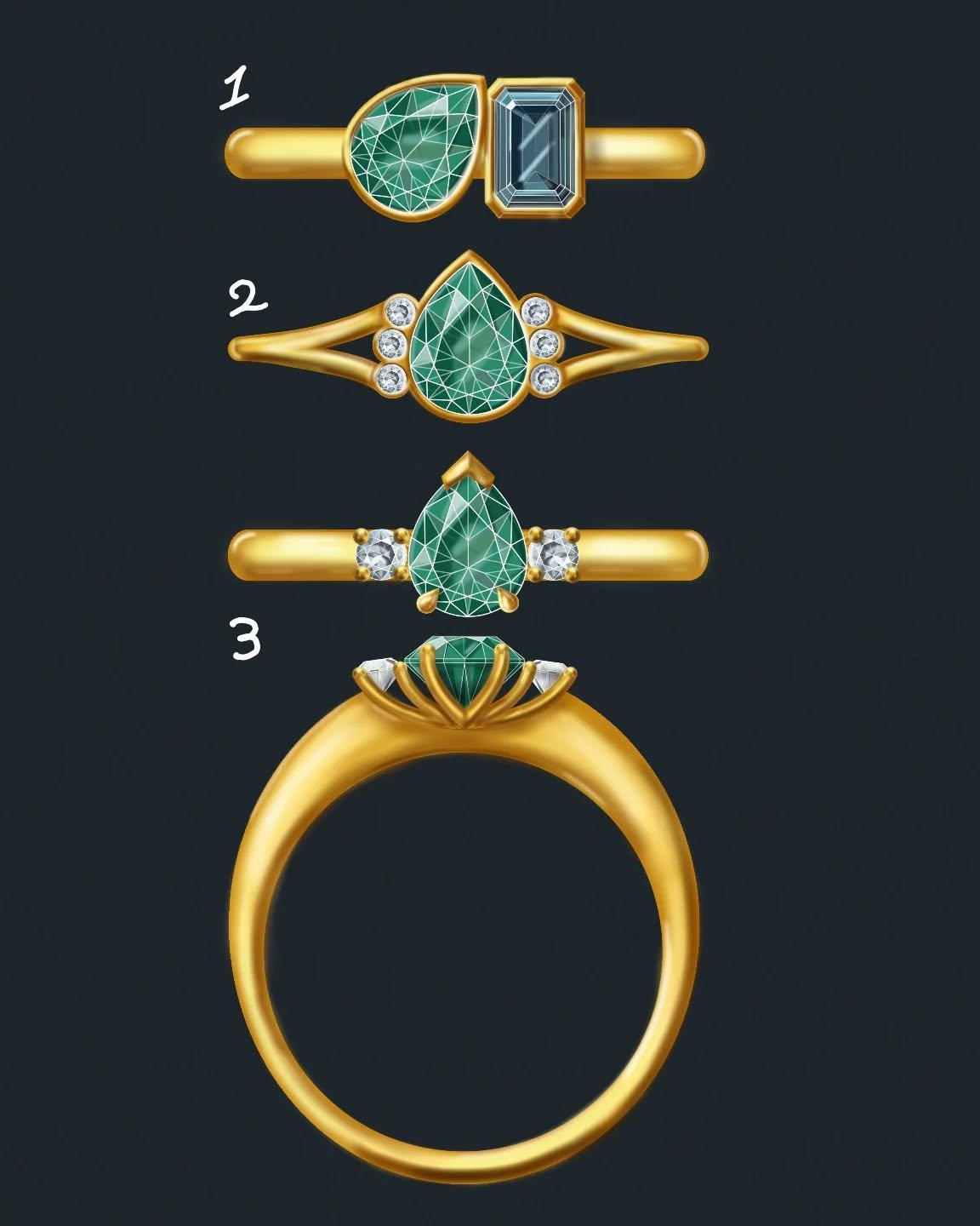 SaturdaySketches | Which emerald setting would you choose? 💚

These sketches were inspired by a loose pear-shaped emerald currently sitting on our workbench &mdash; a gemstone just waiting to be turned into something unforgettable.

Whether paired w