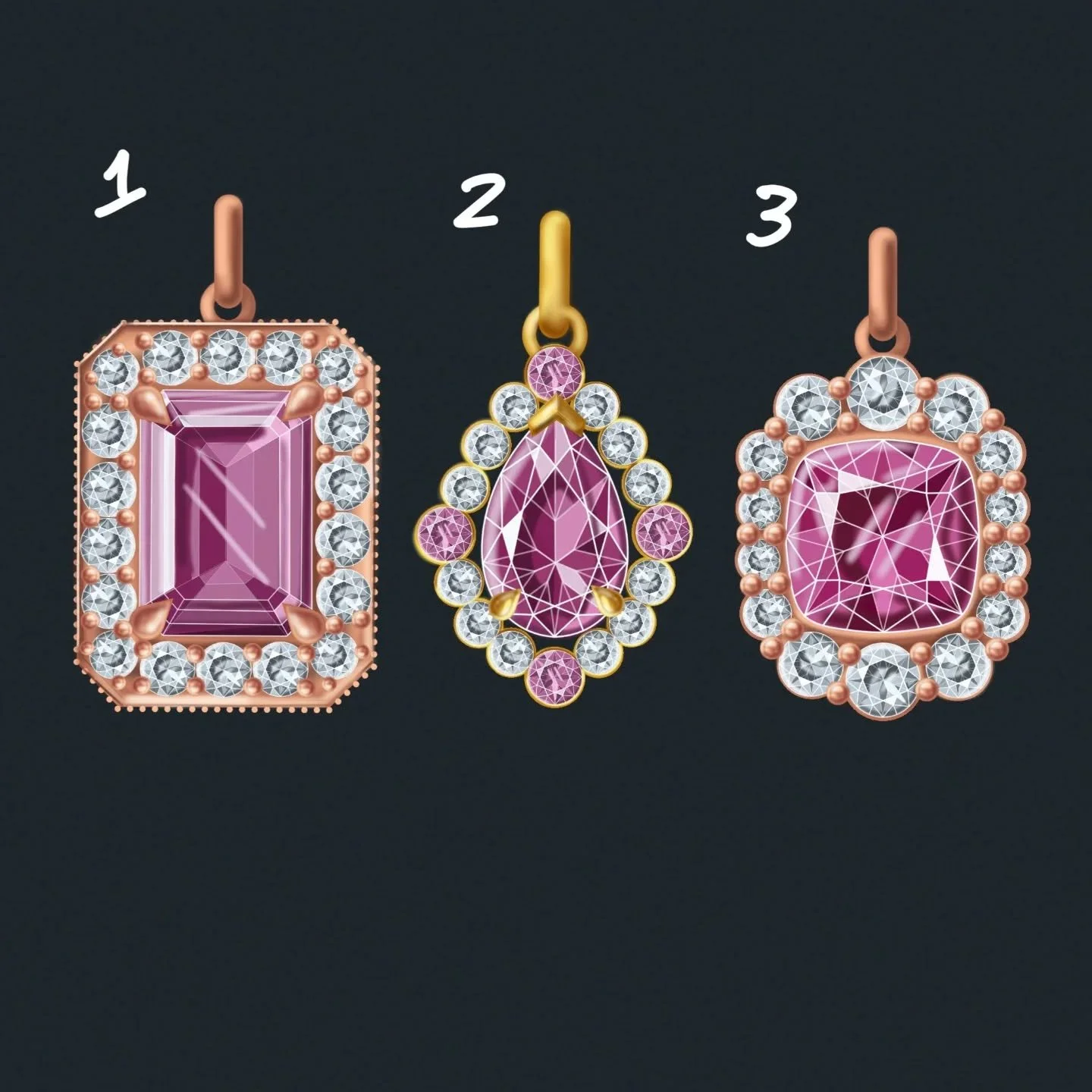 SaturdaySketches | Pendant perfection in pink 💗✨
A trio of halo-style pendant designs, each featuring a vivid pink centre stone surrounded by diamonds — with subtle differences in silhouette, metal tone, and gemstone accents.
💎 1. A classic
