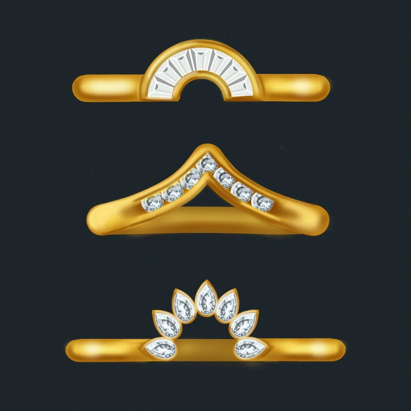 SaturdaySketches | Golden crowns for your centrepiece 👑✨
Three curved ring jackets, each crafted to hug a solitaire or cluster with style and sparkle. All in yellow gold — all adding their own personality to a stack:
💎 1. Art Deco Fan &mdas
