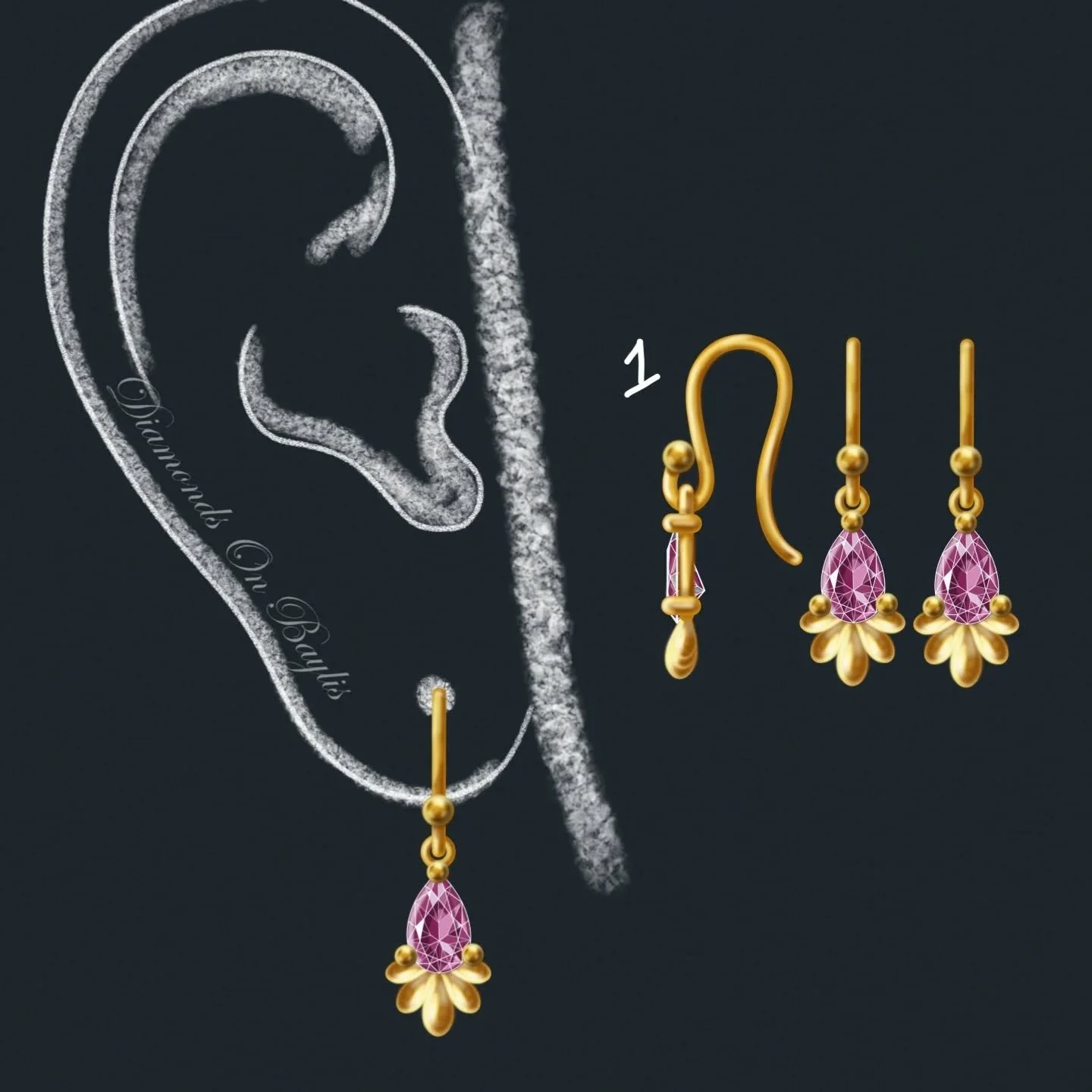 SaturdaySketches | A drop of colour, a lot of charm ✨🎨
This week’s sketchbook shines with three yellow gold drop earring designs — all drawn with comfort, movement, and sparkle in mind:
💗 1. Pink Blossom — pear-cut pink stones f