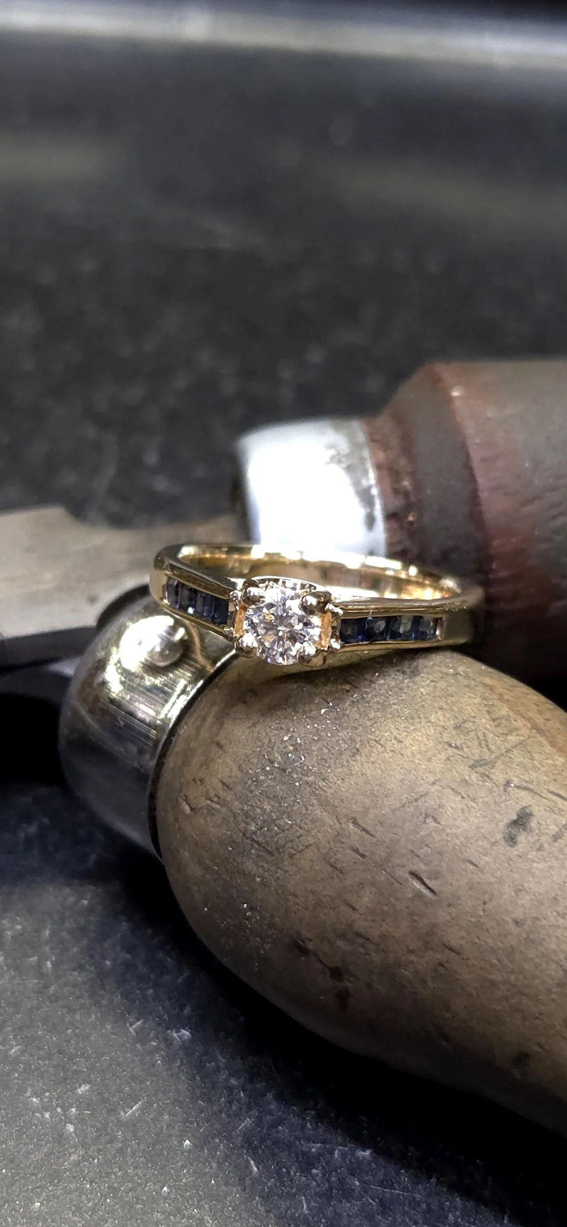 sapphire and diamond 18k engagement ring channel set princess cut sapphires