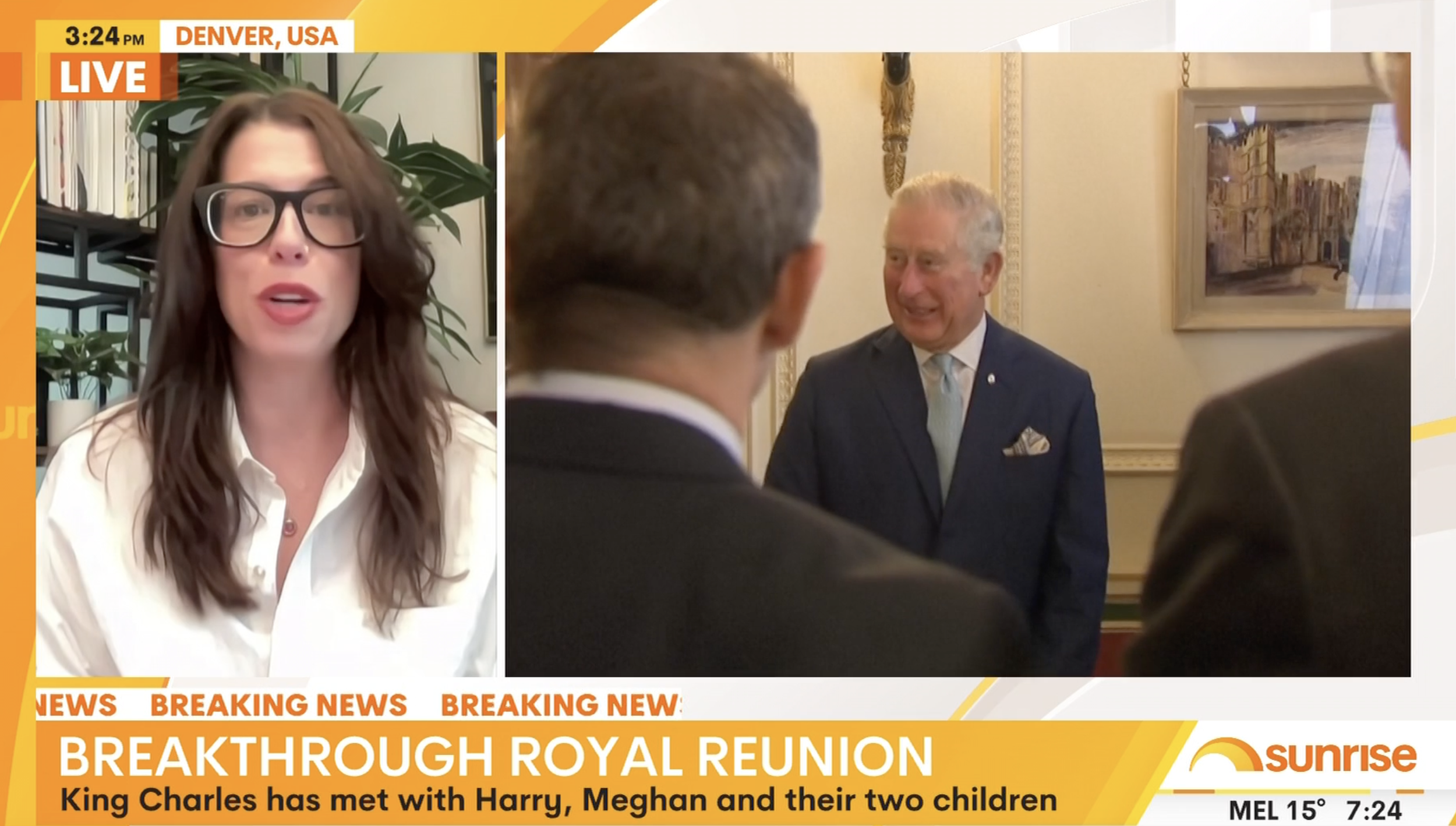 Meredith Constant, Royal Commentator, on Sunrise on 7 AU with a picture of King Charles on the right side of the screen. 