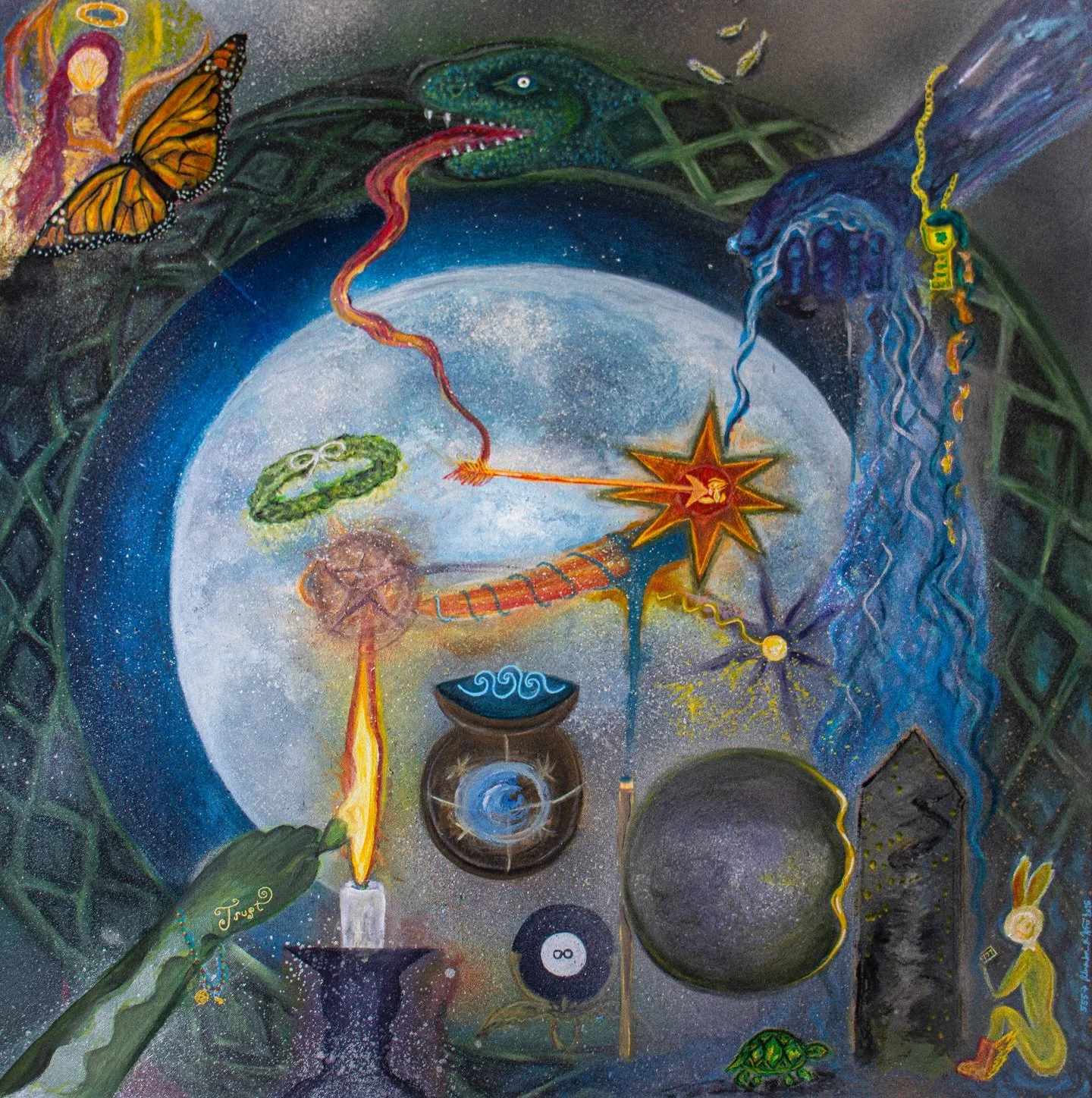 &ldquo;Tuning In&rdquo; is a painting inspired by tarot, astrology, music, and stories from far away.

It all began with a magical wish: a bay leaf lit on fire and sent into the universe.

What followed felt like gears turning behind the scenes almos