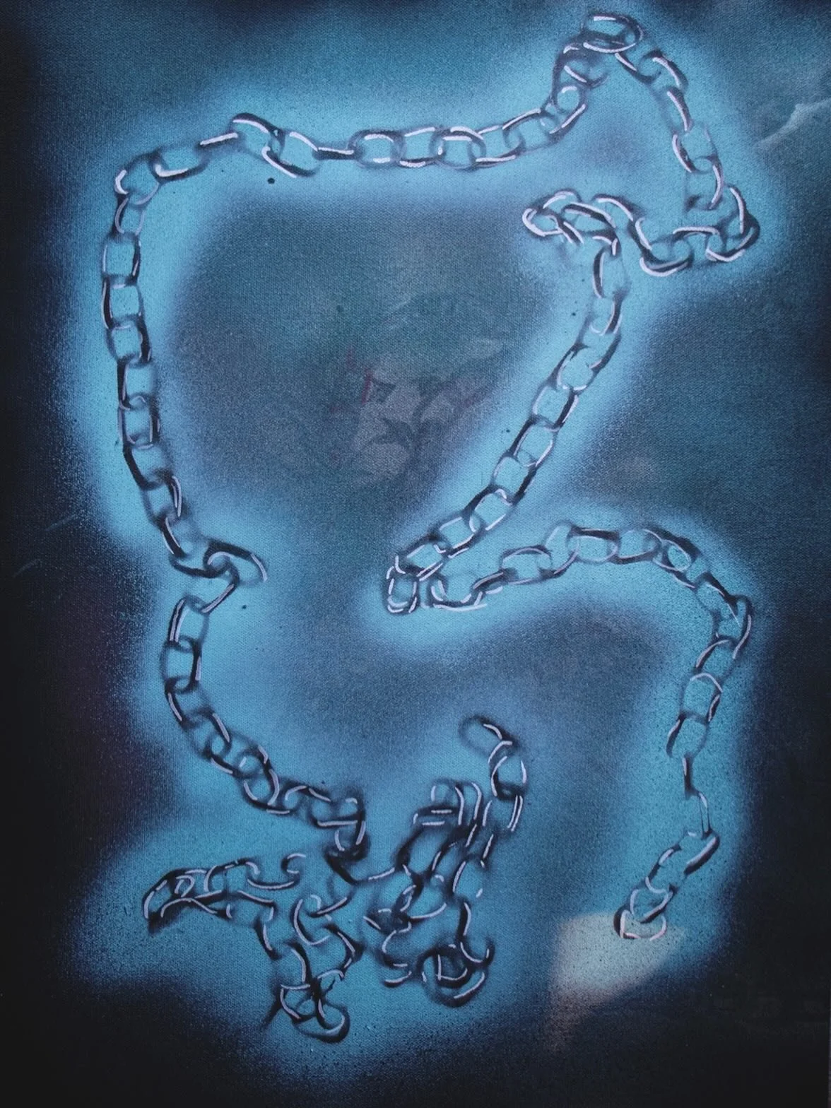 A lot of my work from these past two years used imagery that depicted feeling overwhelmed and suffocated. Recently, I&rsquo;ve been making art that shows chains being set free, which I think is a good sign.

Unchained 
24 x 18
Spray paint and acrylic