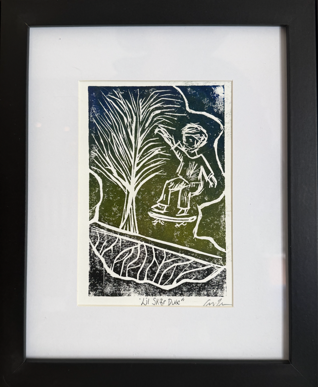 Lil Skater Dude - Framed Linocut Print (9 x 11)