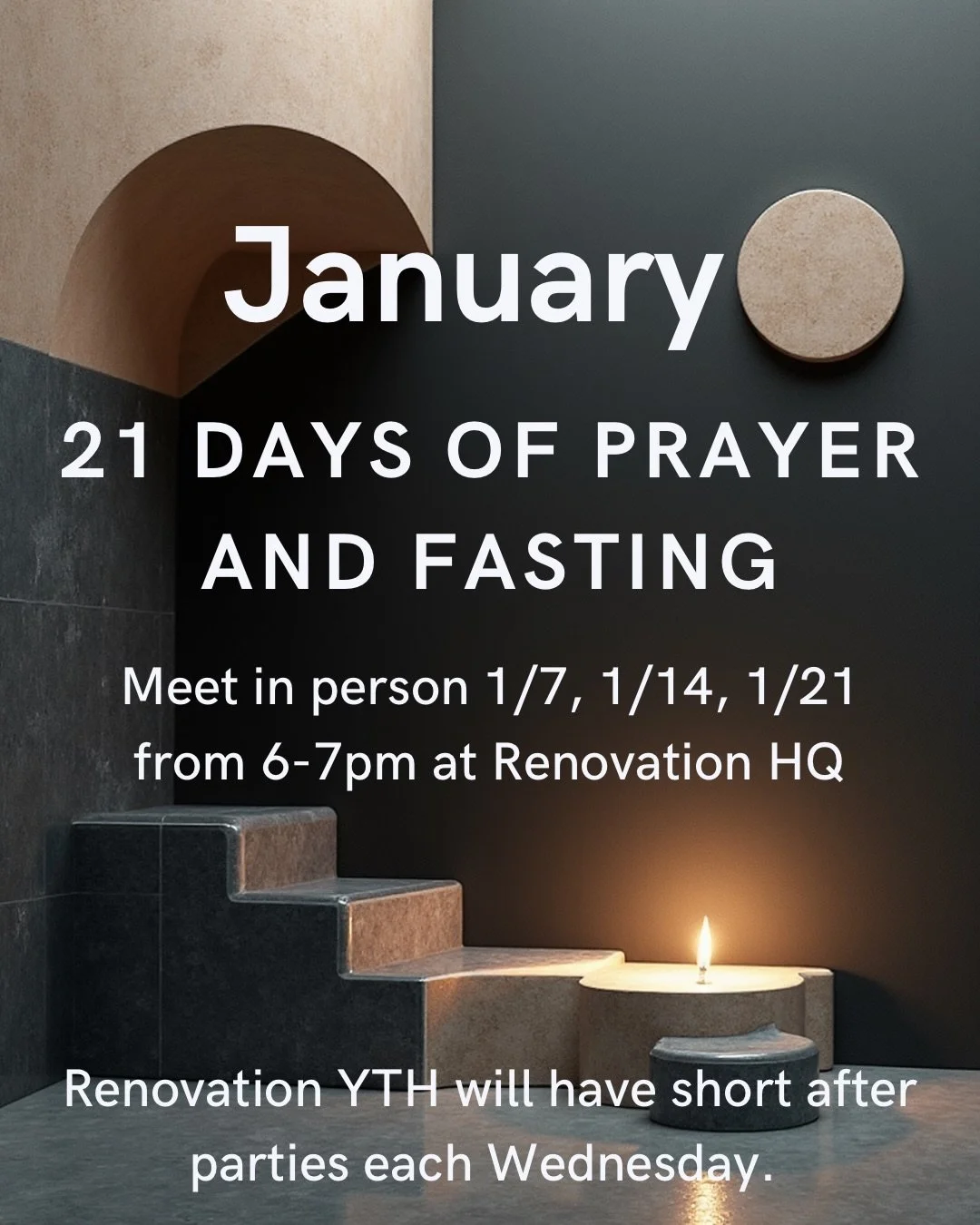 This January we will not be having regularly scheduled YTH services but we will be joining the church for 21 days of prayer and fasting. Be on the lookout for hangout opportunities throughout the month as well 🎉