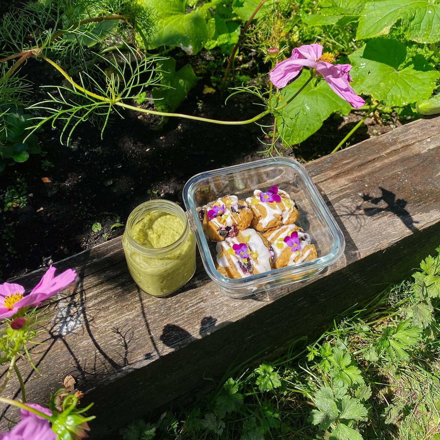 A little collection of simple treats made in my humble garden last year. Homemade pickles from garden grown cukes, garlic scape pesto made with farmers market scapes, and some baked goods with a sprinkling of flowers harvested from the garden. Also, 