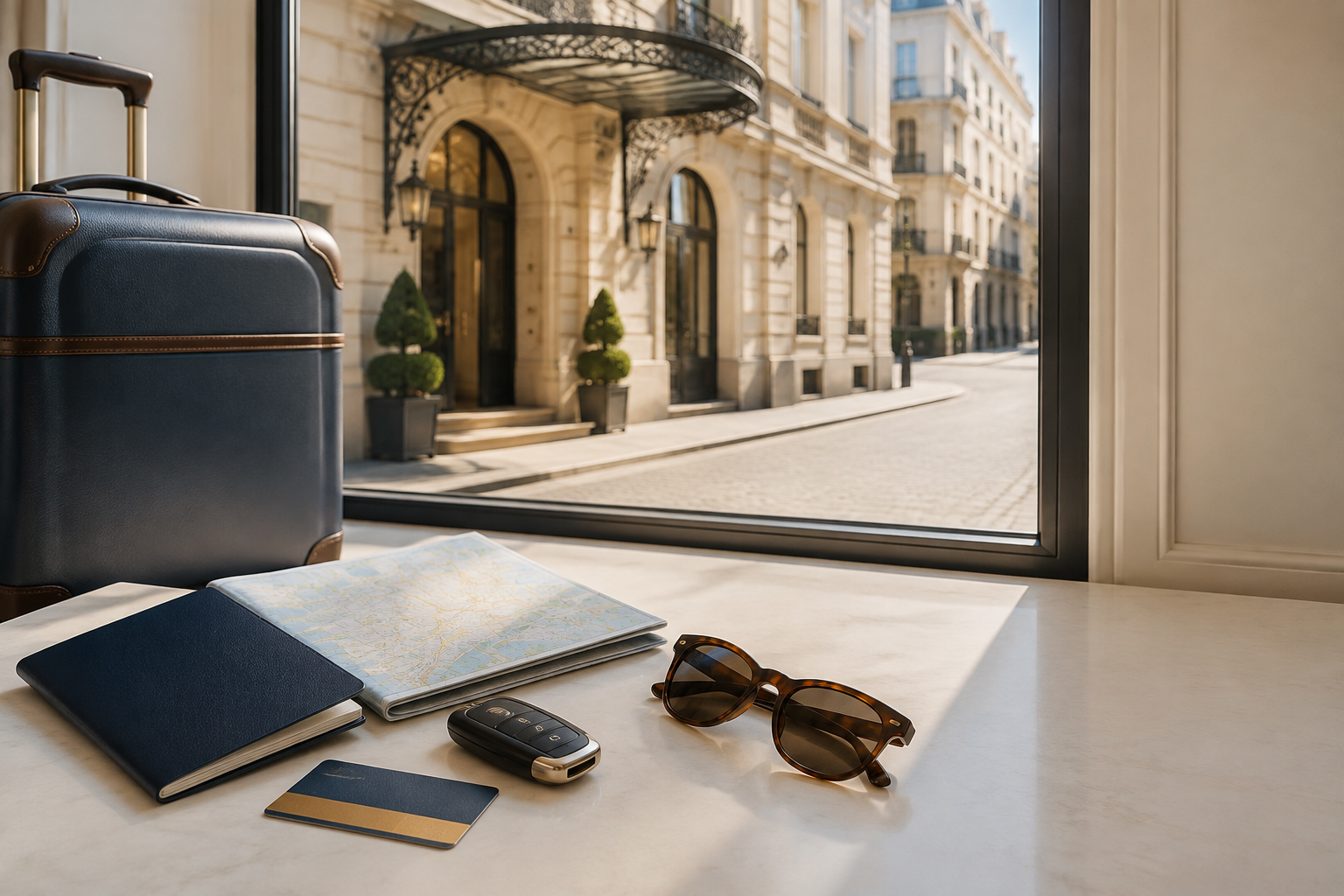 Navy luggage, map, car key, and travel essentials beside a luxury hotel