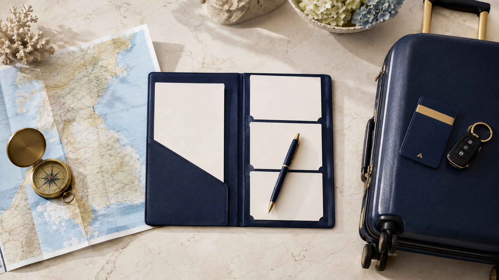 Map, comparison folder, travel bag, hotel key, and car key arranged in three steps