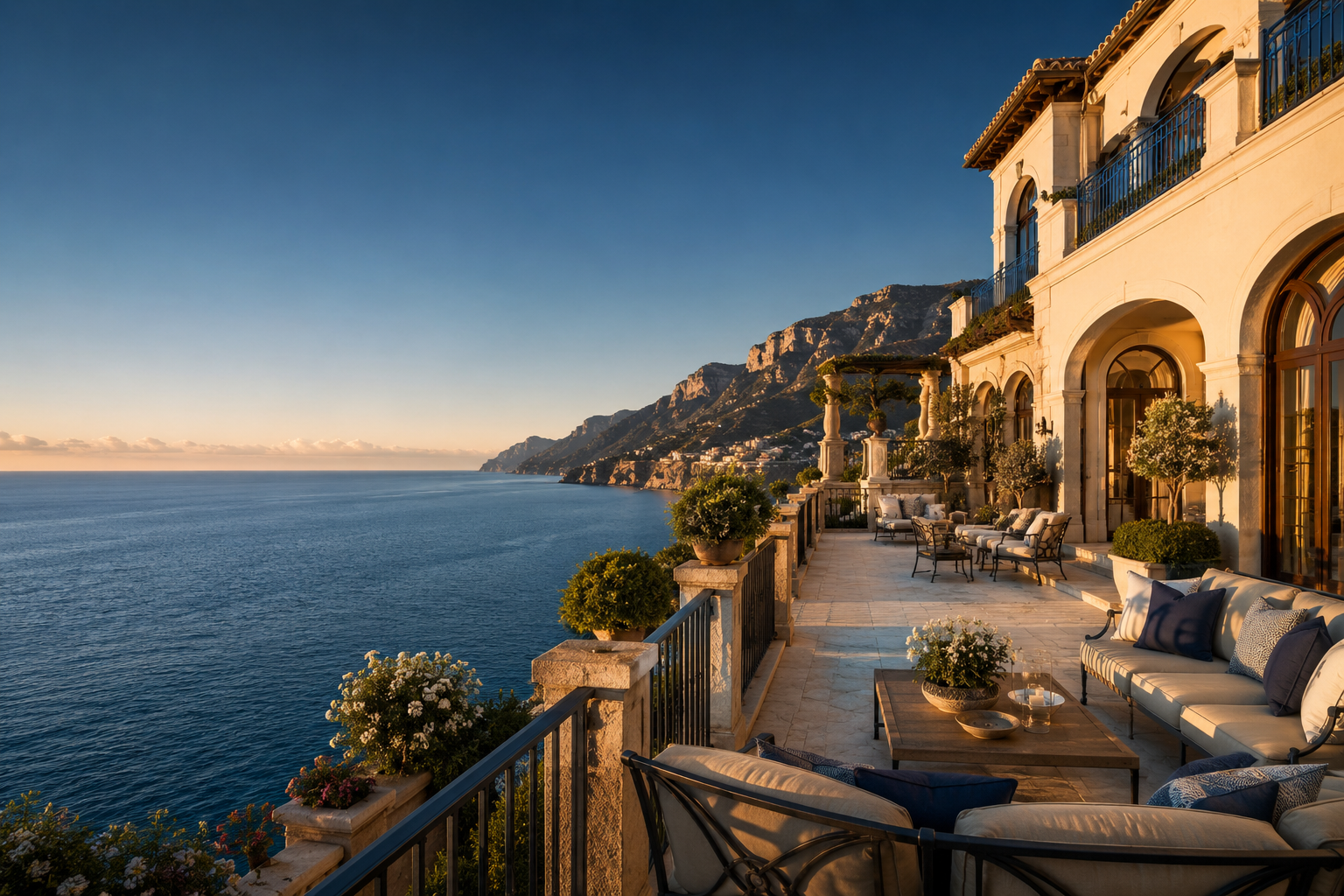 Mediterranean coastal hotel terrace overlooking the sea at golden hour