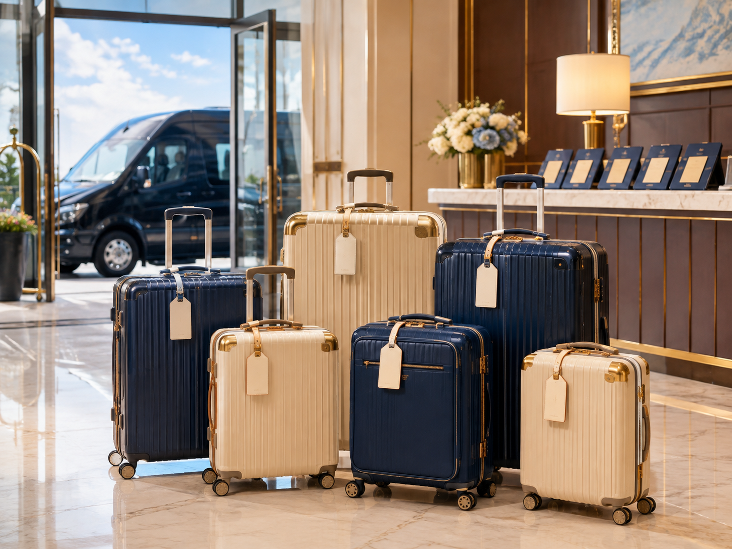 Coordinated group luggage in a hotel lobby with passenger van outside