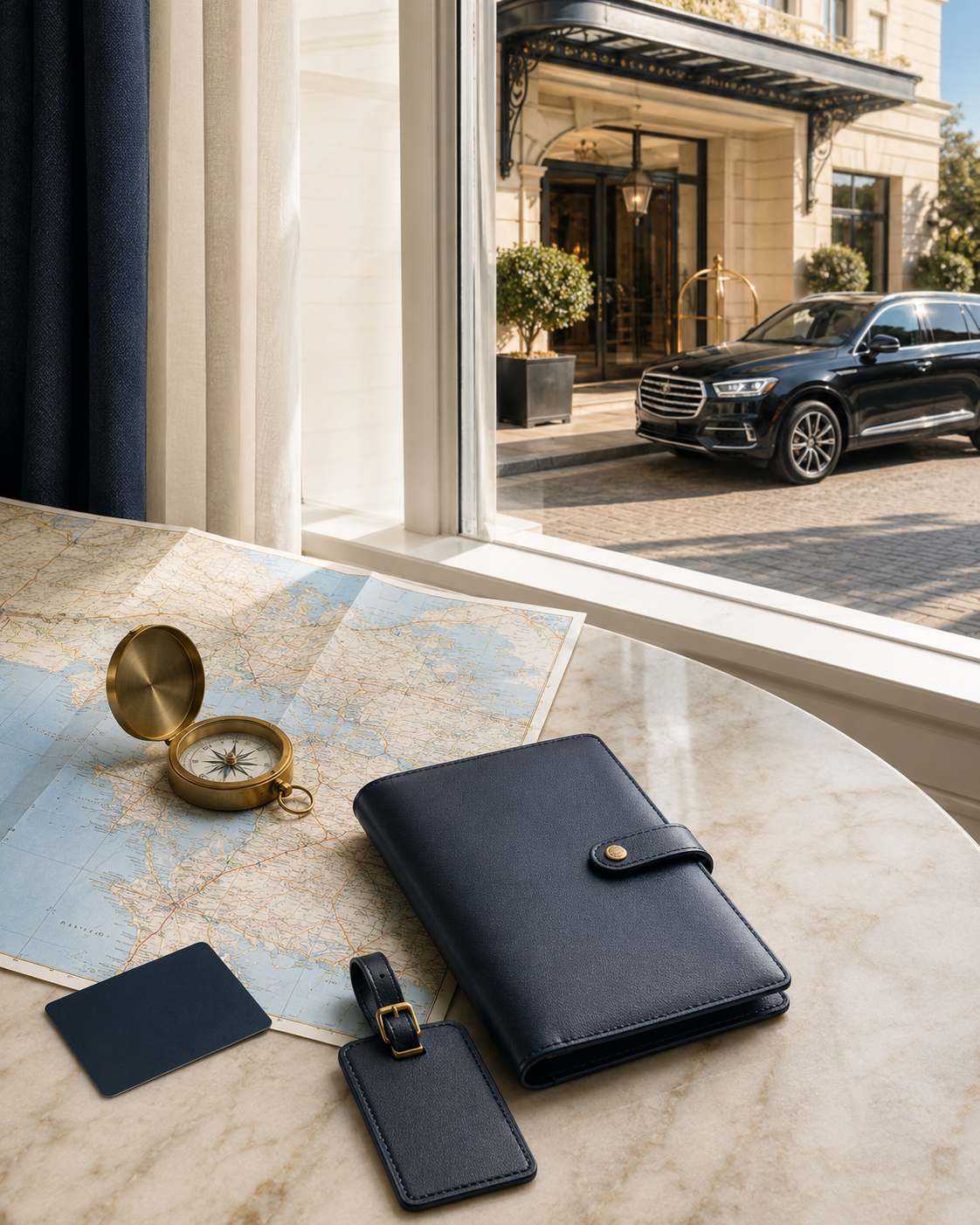 Travel map, compass, organizer, and luggage tag overlooking a hotel arrival car