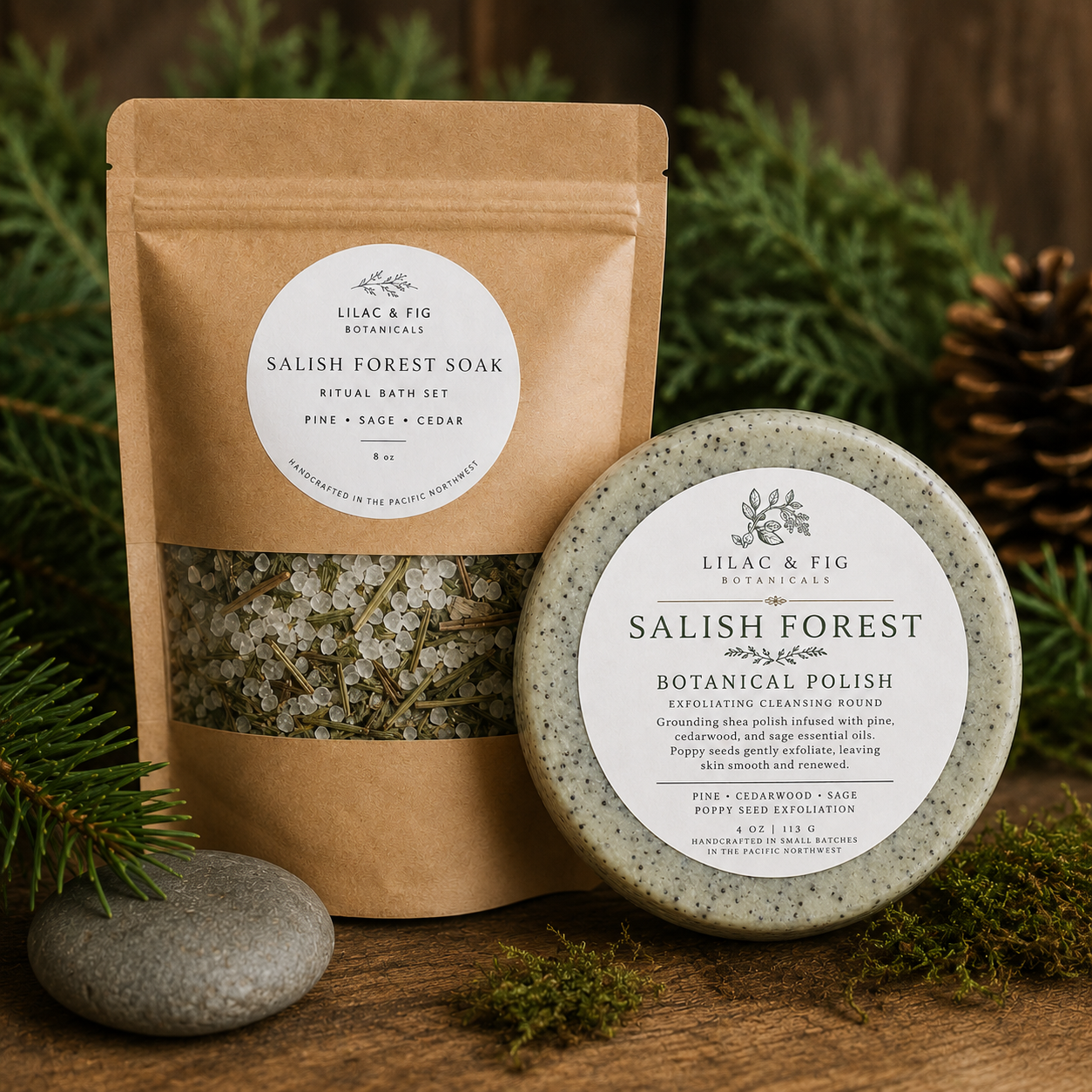 Salish Forest Bath Soak & Botanical Polish Set | Pine Cedar Sage Ritual