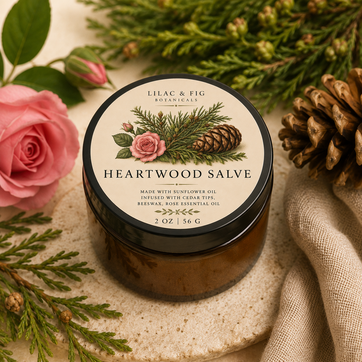 Heartwood Salve | Cedar & Rose Herbal Balm for Grounding, Grief Support and Emotional Protection | 2 oz Botanical Salve in Amber Glass