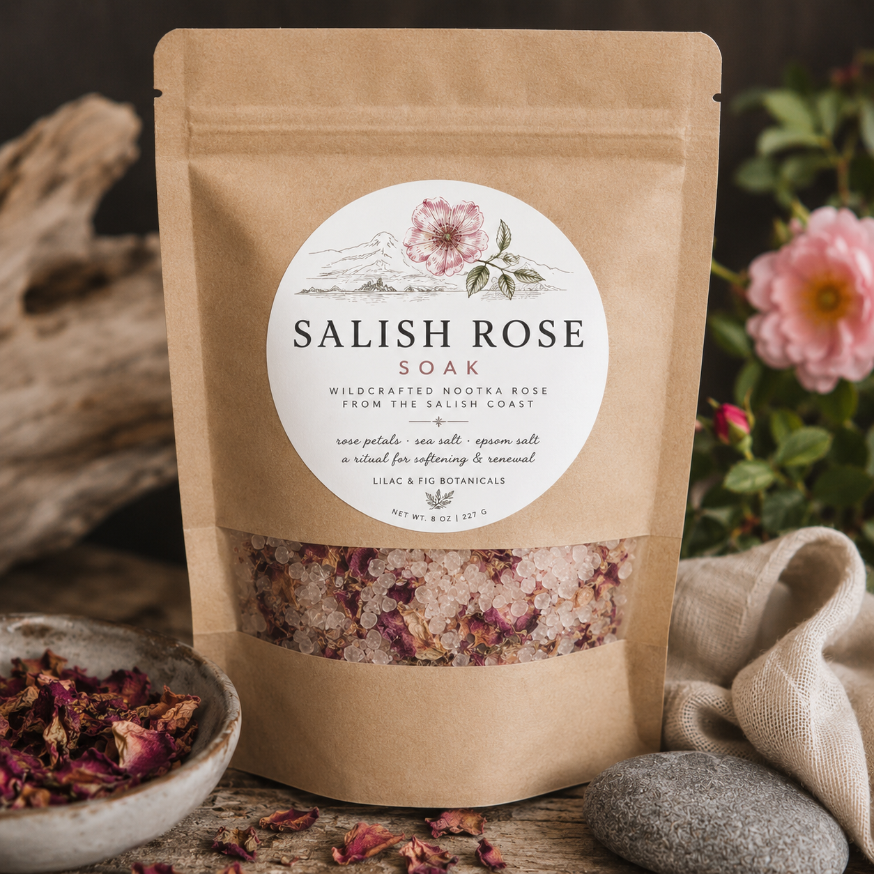 Salish Rose Bath Soak | Wildcrafted Nootka Rose | Coastal Herbal Bath | Epsom Salt Soak | Heart Ritual Bath