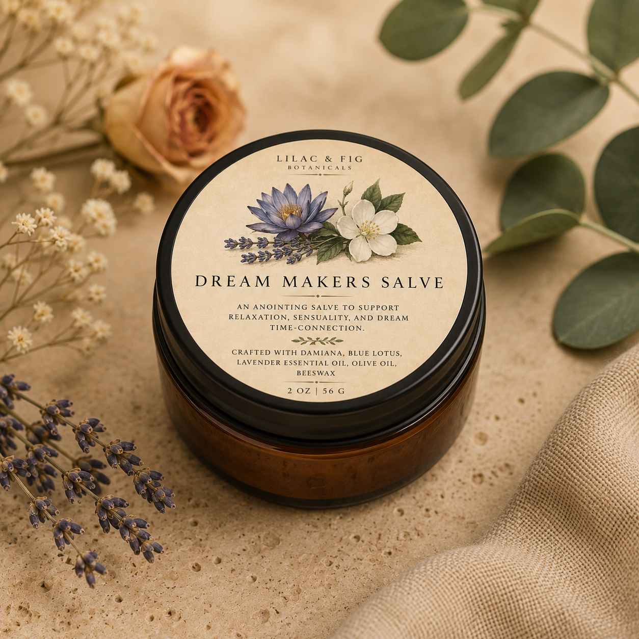 Dream Makers Salve | Blue Lotus & Damiana Botanical Balm for Relaxation, Dreams and Night Rituals | 2 oz Herbal Salve in Amber Glass