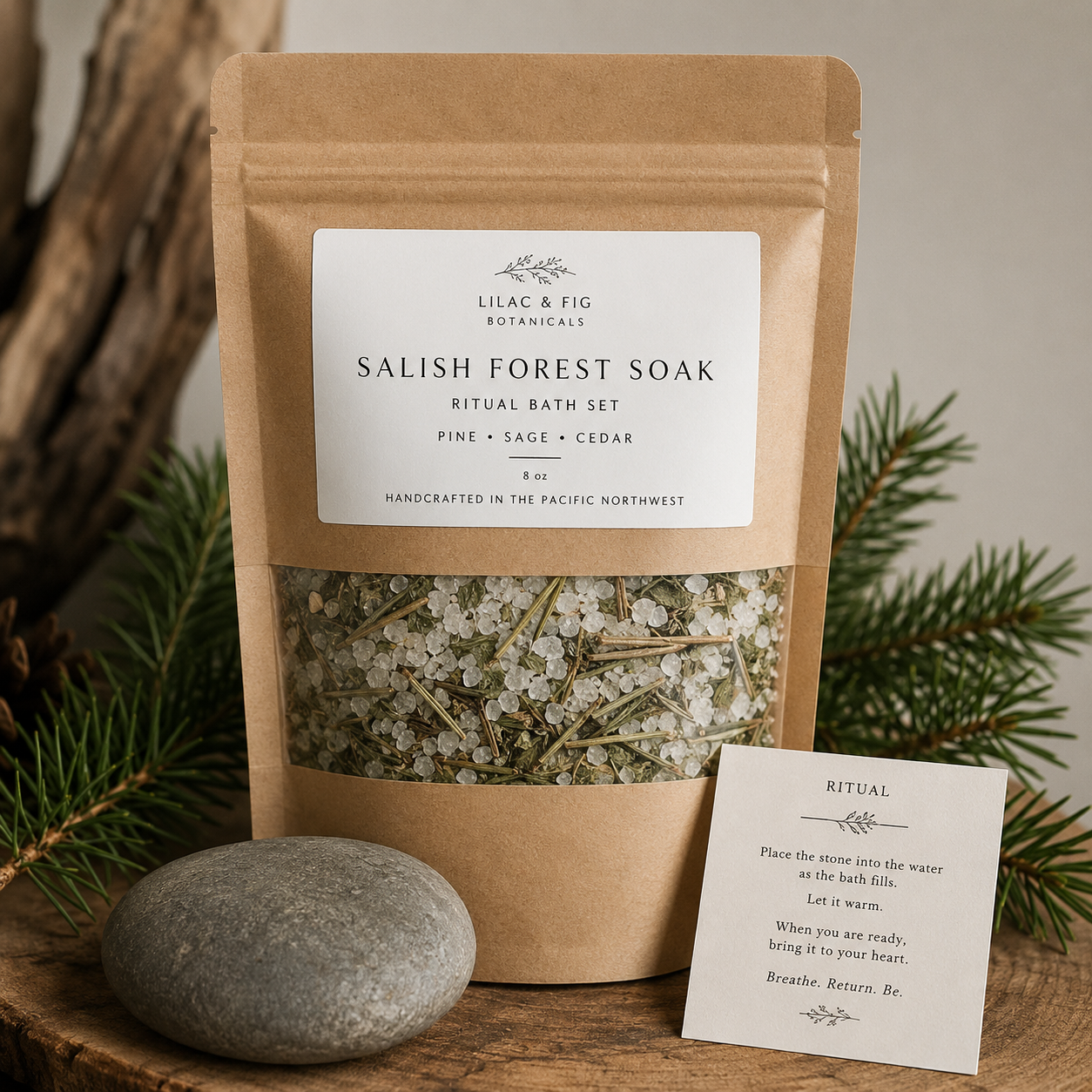 Salish Forest Soak Ritual Bath Set | Pine, Sage, Cedar Botanical Blend, River Stone