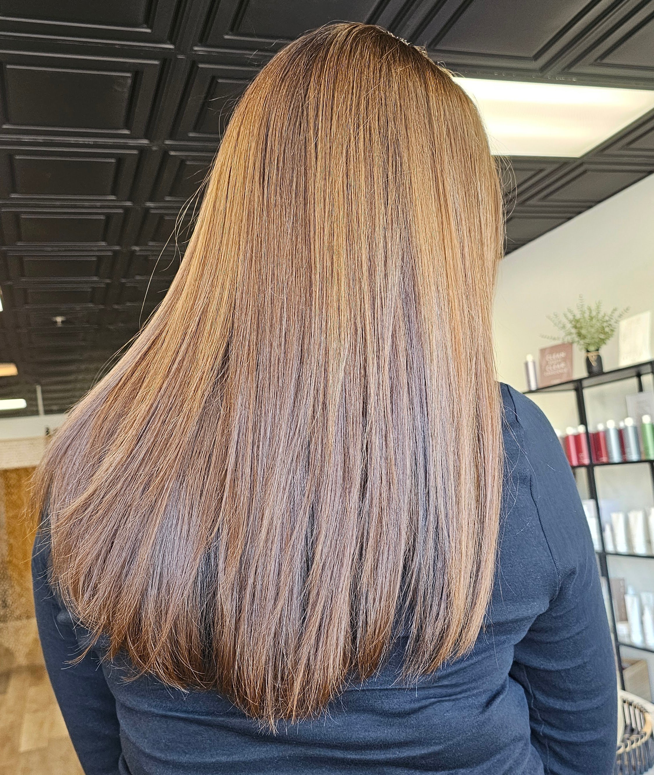 Back of the head with red dimension coppery shades within straight hairstyle