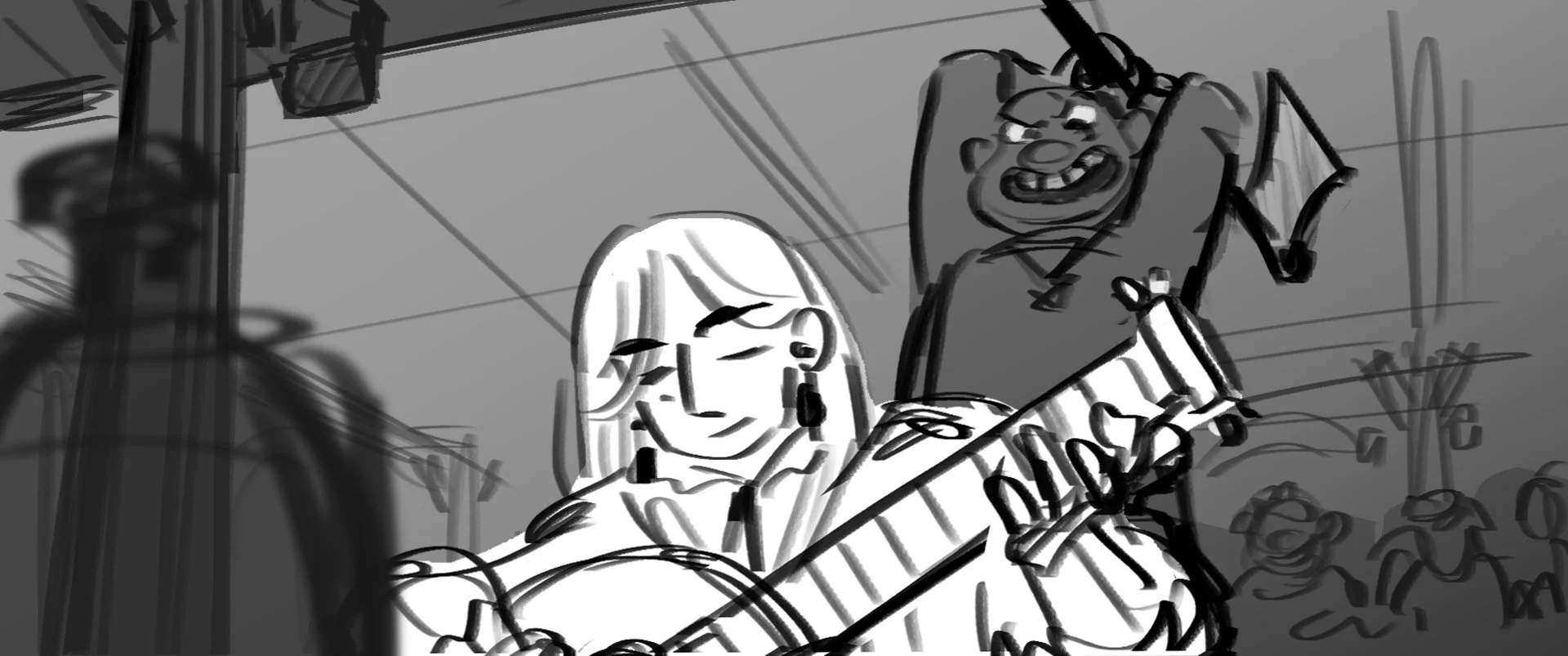 A woman with headphones smiling while working on a laptop in a crowded workspace, with a man behind her holding a golf club and grinning.