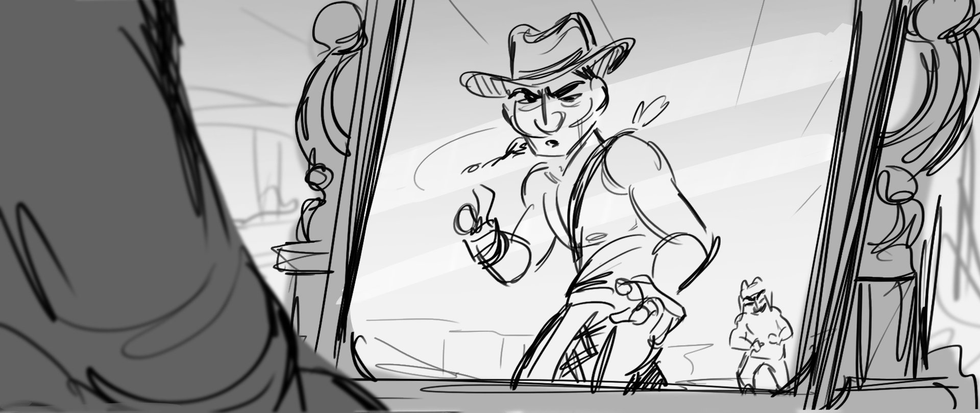 Sketch of a cowboy looking in the mirror, with a woman in the background.