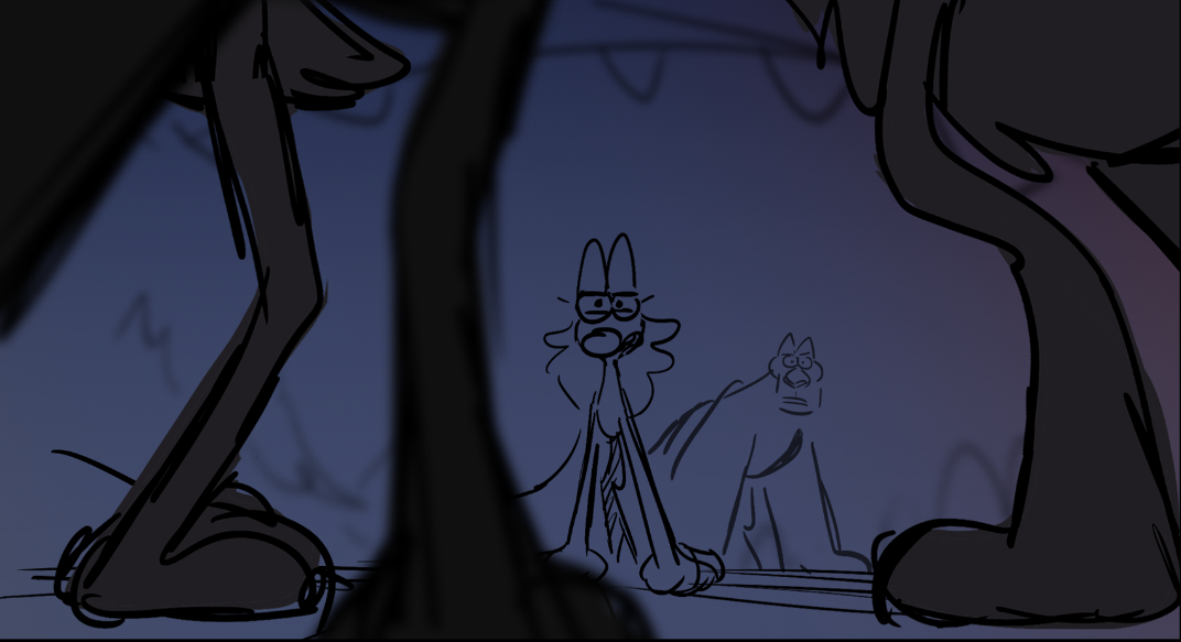 A cartoon drawing seen through tree branches showing a dog and another animal with unhappy expressions.