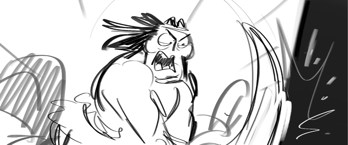 A black and white sketch of an angry muscular woman with spiky hair, yelling with an intense expression.