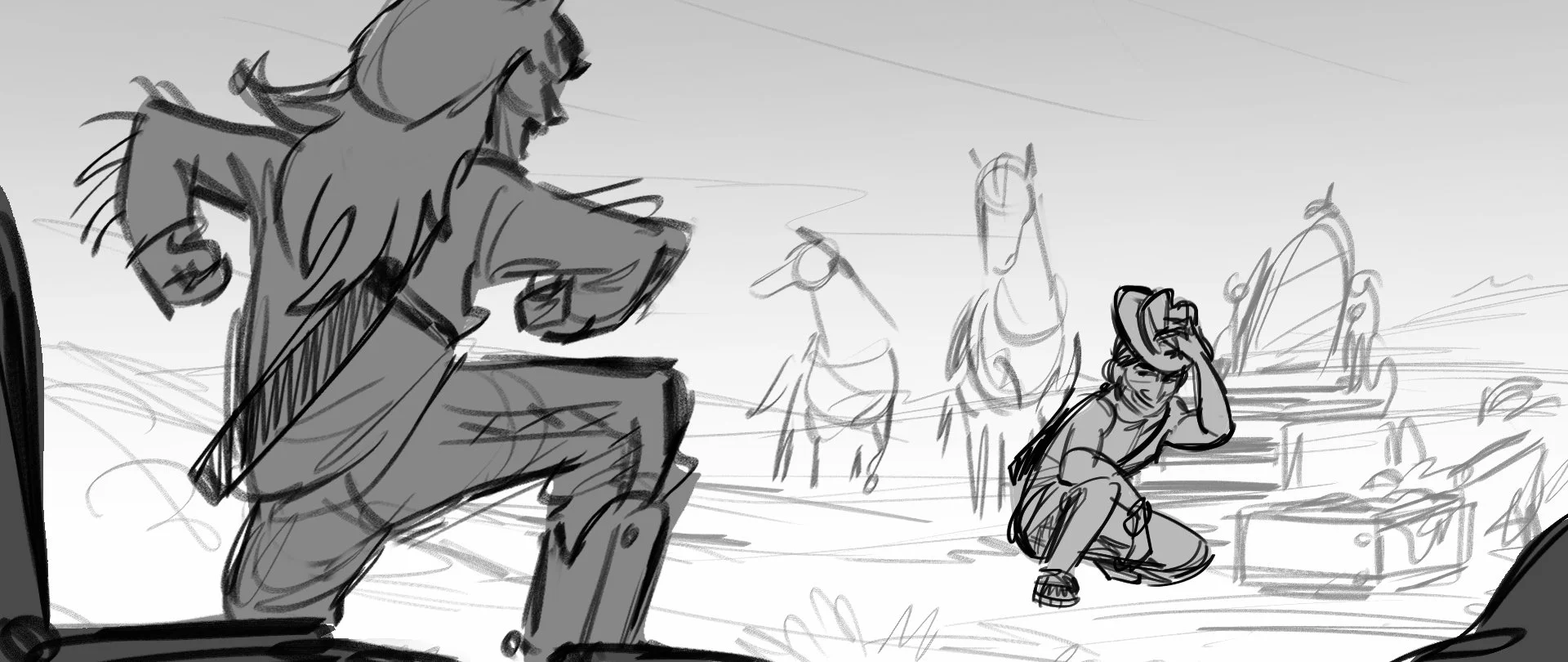 A sketch of two young women at a skatepark with skateboards. One woman is seated with a skateboard, smiling, while another is crouched with a skateboard, holding her head. Skates and outlines of other skateboards and structures are visible in the bac