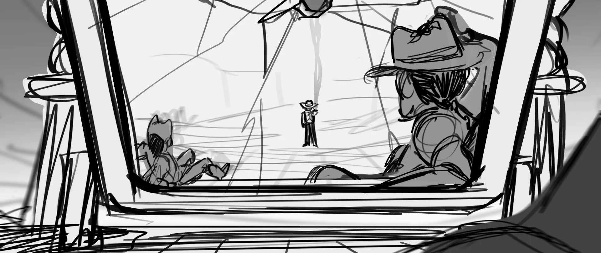 A black and white sketch of a play scene, viewed through a window frame. Two children are sitting on the window's ledge, watching a person on stage dressed in a cowboy hat and coat, standing alone against a backdrop of lines indicating a stage set.