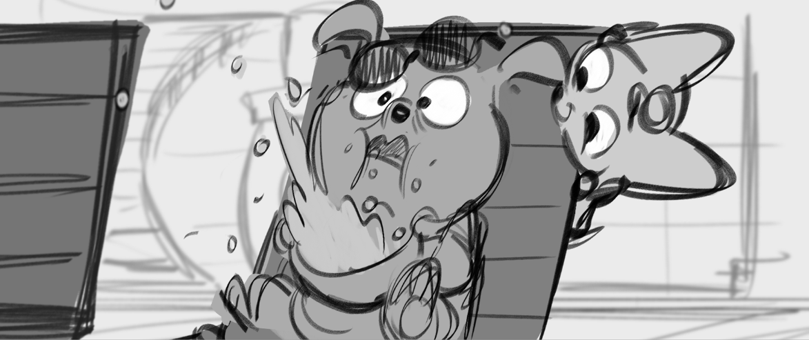 A cartoon dog sitting in front of a computer with a surprised or shocked expression, covering its mouth with one paw.