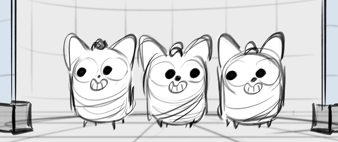 Sketch of three cartoon-like animals with large eyes and big mouths, standing on a stage or platform.