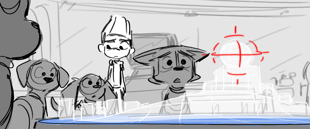 A cartoon scene showing a dog and two children looking at a futuristic display with a red crosshair targeting a building.