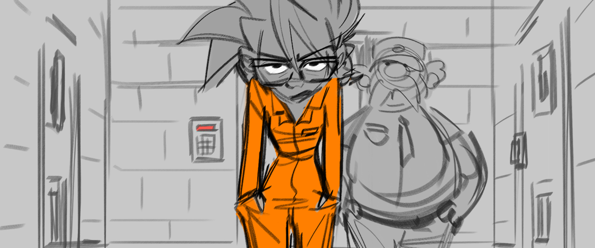 Cartoon of a female character in an orange prison jumpsuit with glasses, looking assertively toward the viewer, walking in a hallway with a security keypad and two doors.