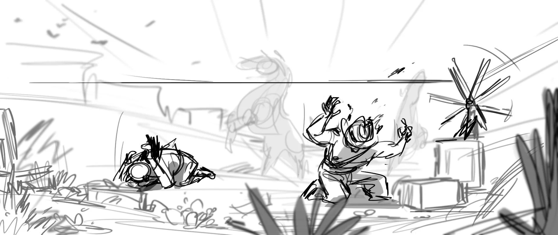 Line drawing of a scene with a person crouching on the ground, covering their ears, and another person standing with arms raised, surrounded by plants and a windmill in the background.