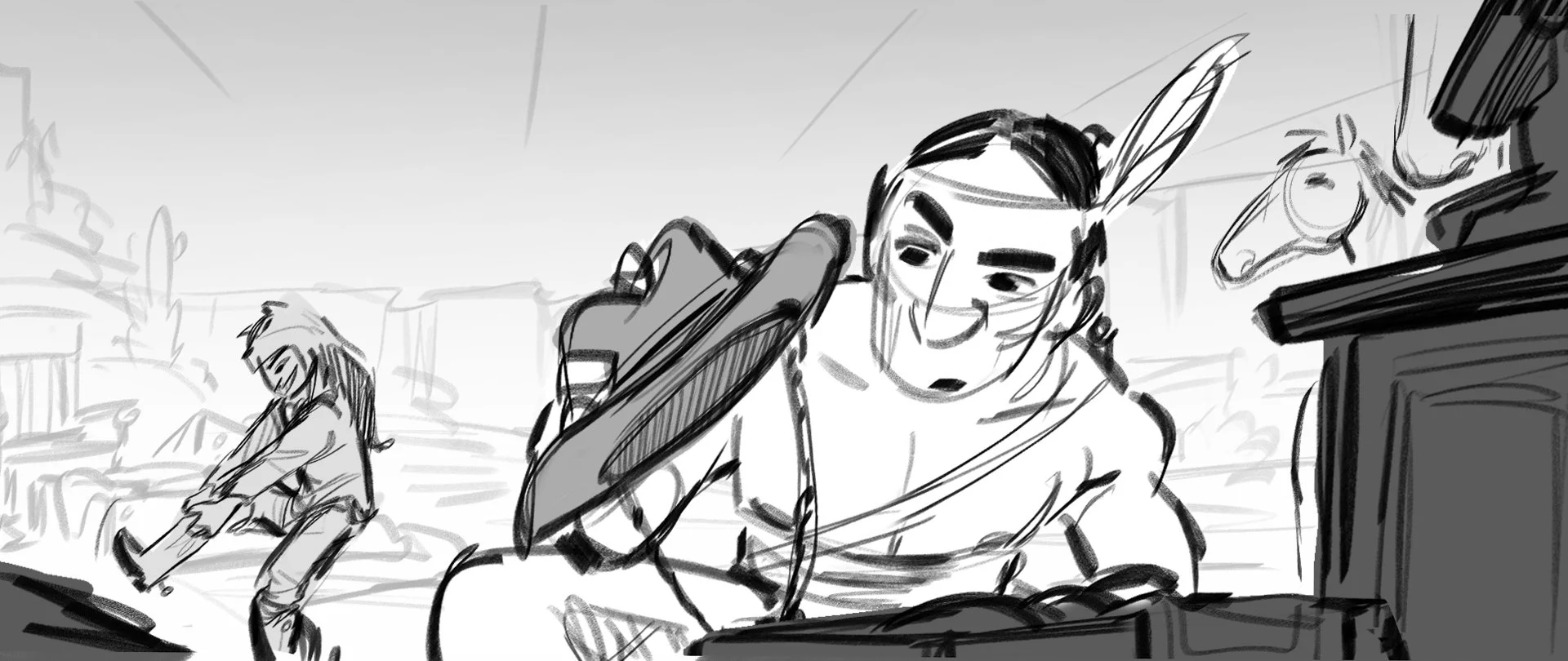 Black and white sketch of a boy and girl sitting outside, with the boy writing at a piano or keyboard. The boy has a feather in his hair and is smiling, the girl is sitting with her legs outstretched. The background suggests a park or outdoor space.