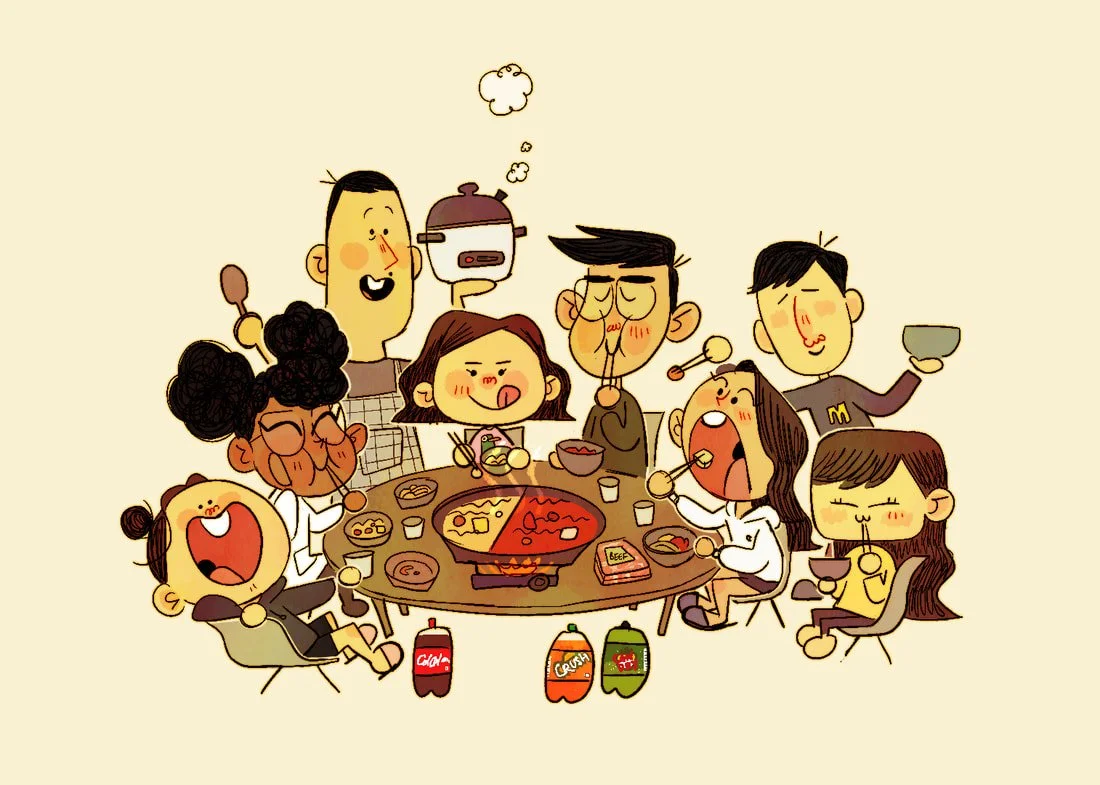 Cartoon illustration of a group of people happily enjoying a hot pot meal together around a table filled with food and drinks.