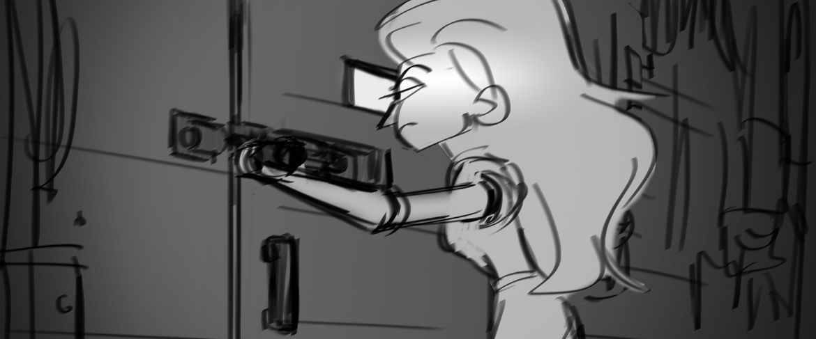 A black and white sketch of a girl with long hair aiming a gun at a door, appearing serious and focused.